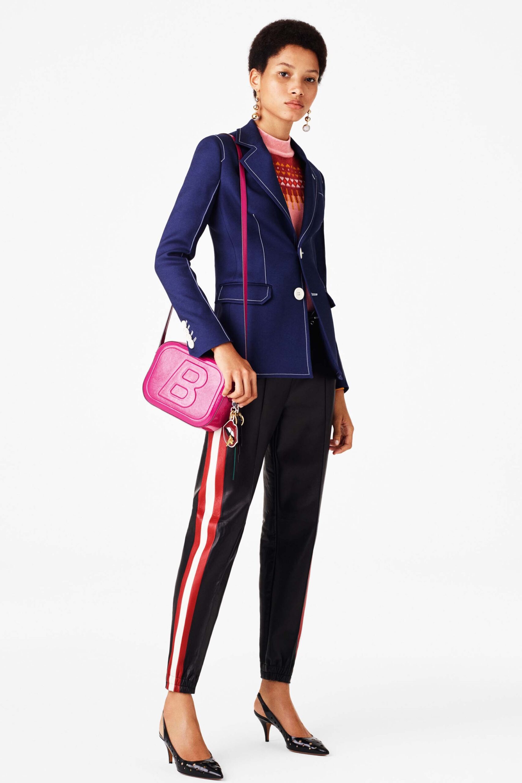 blue tailored blazer with red top