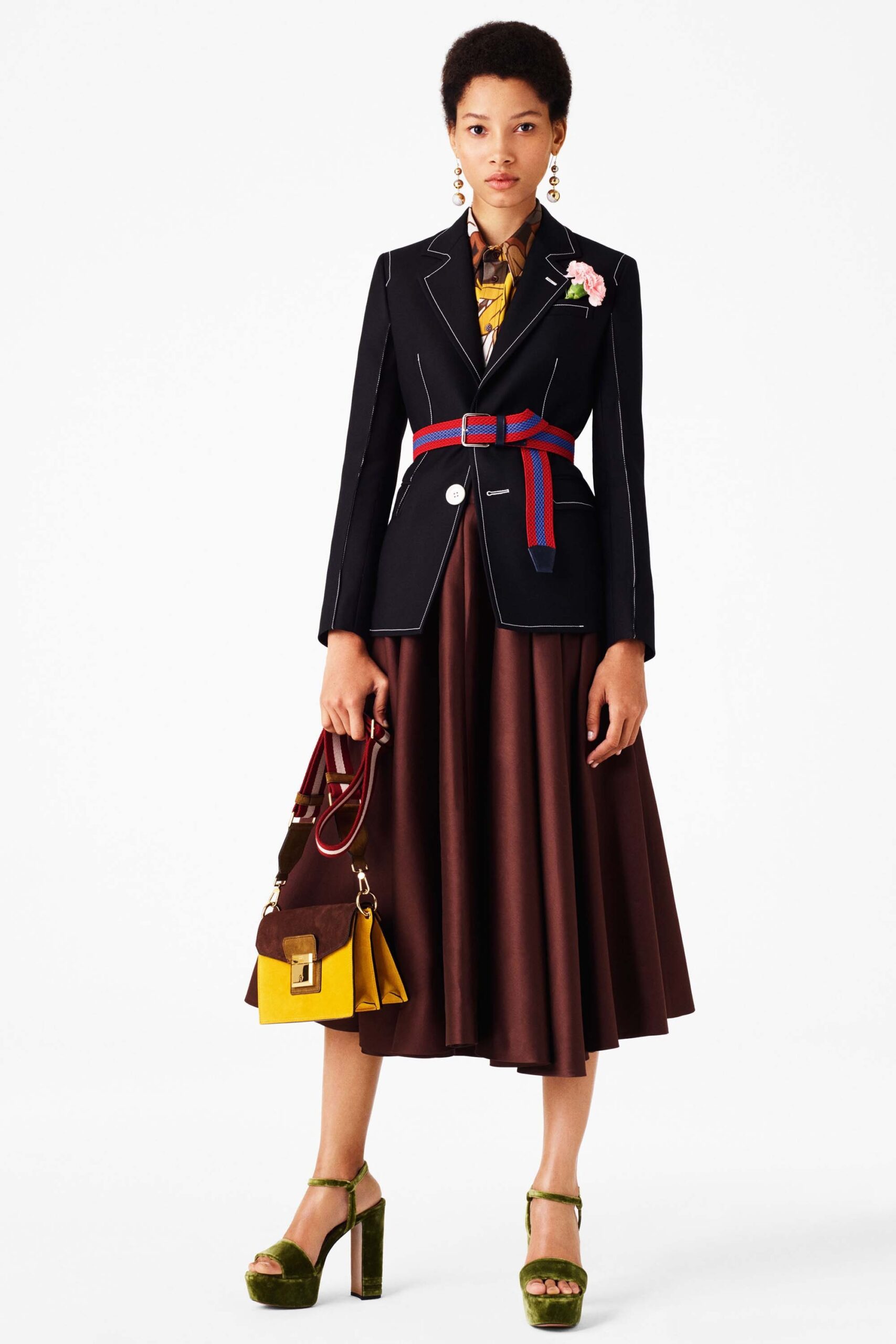 black tailored blazer with brown skirt