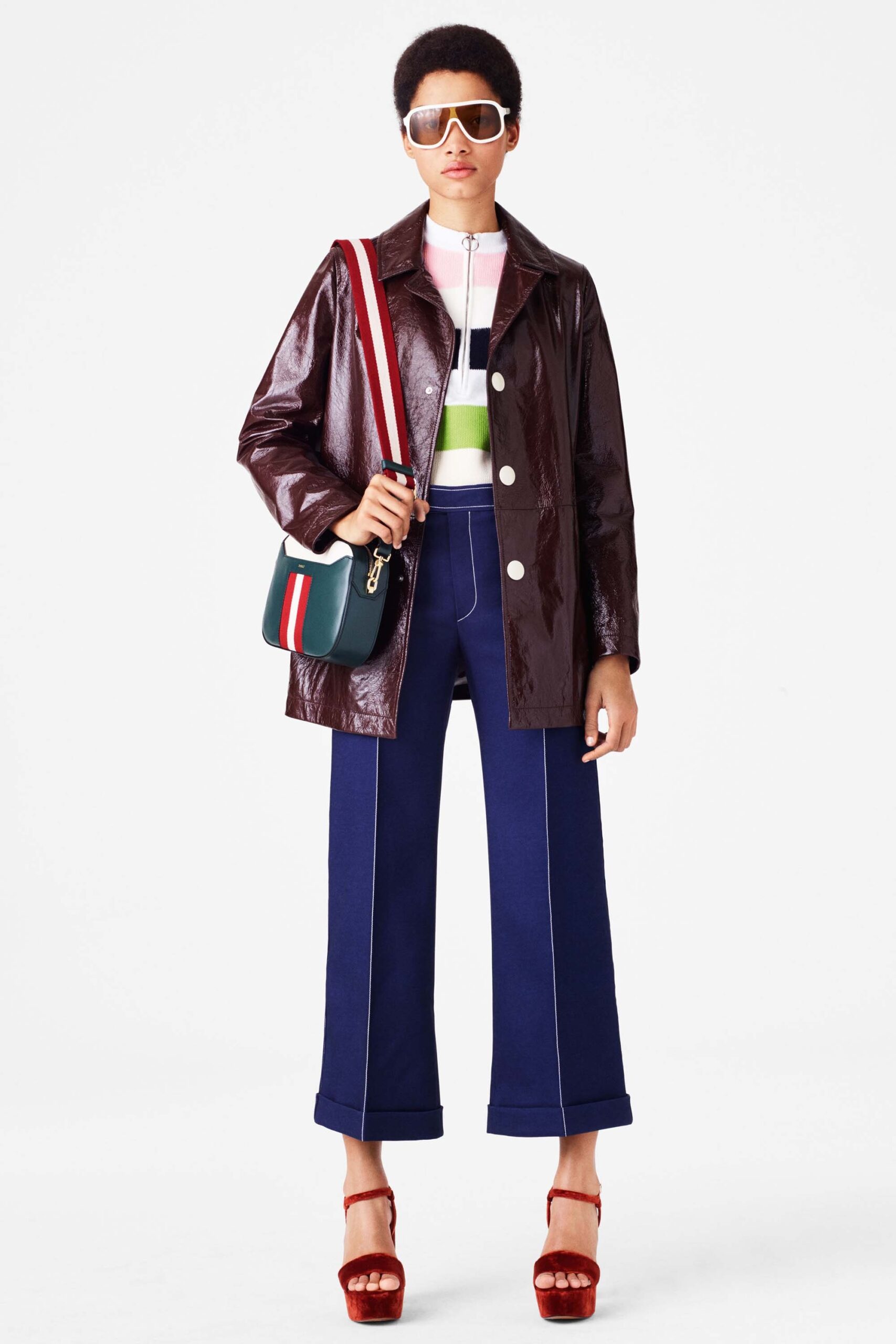 brown vinyl long-sleeve collared fitted buttoned shiny jacket