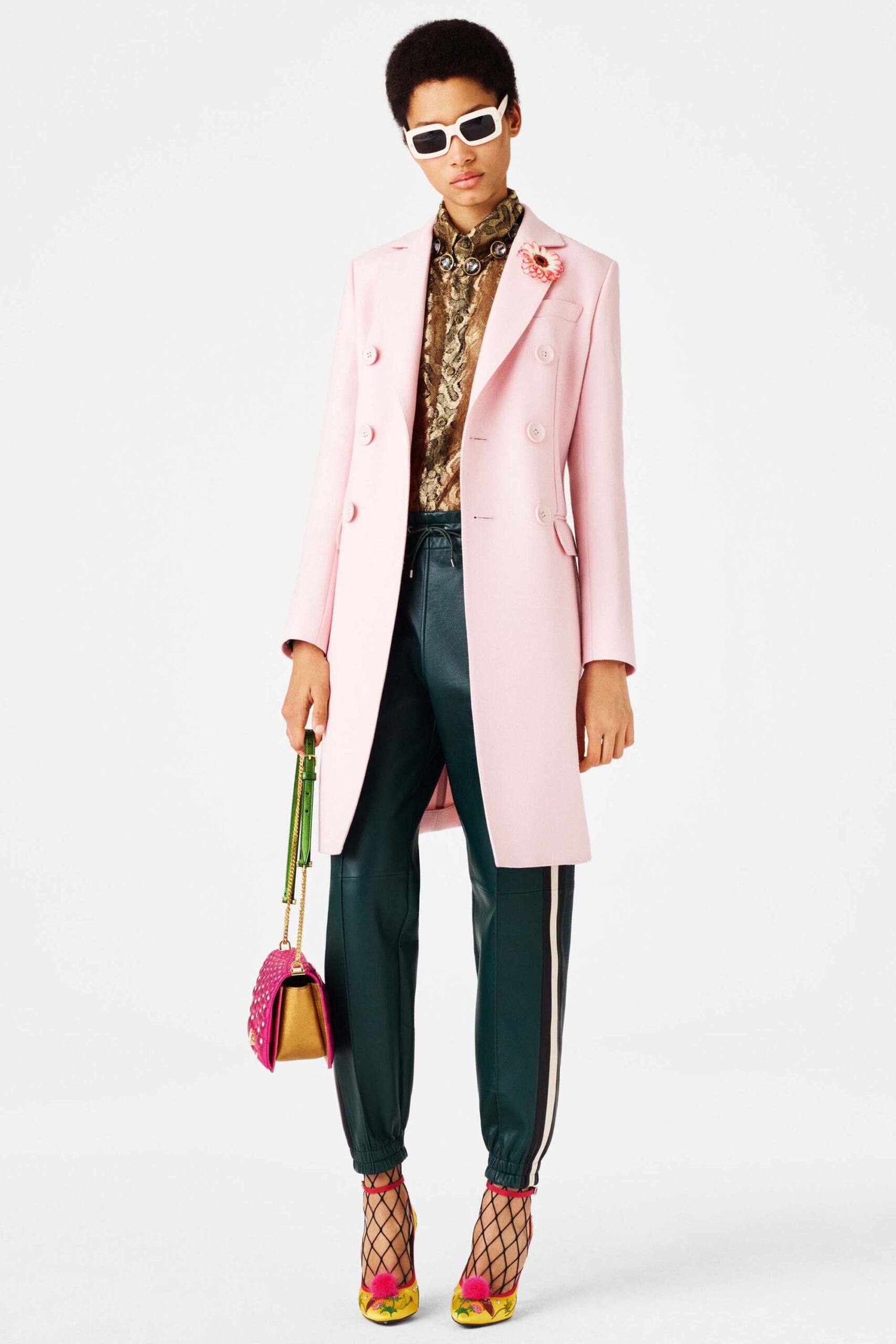 pink tailored coat with printed blouse