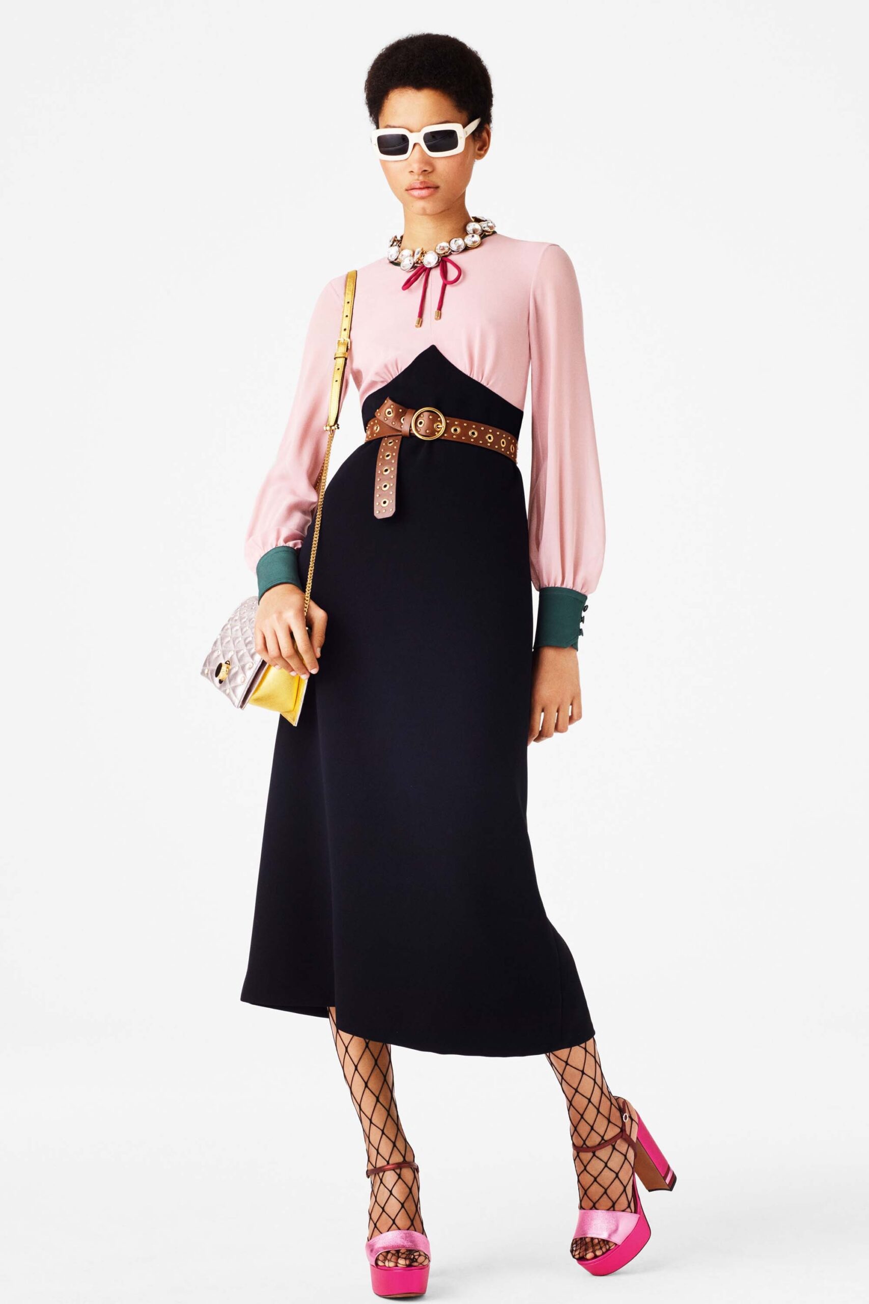 pink and black color-blocked midi dress