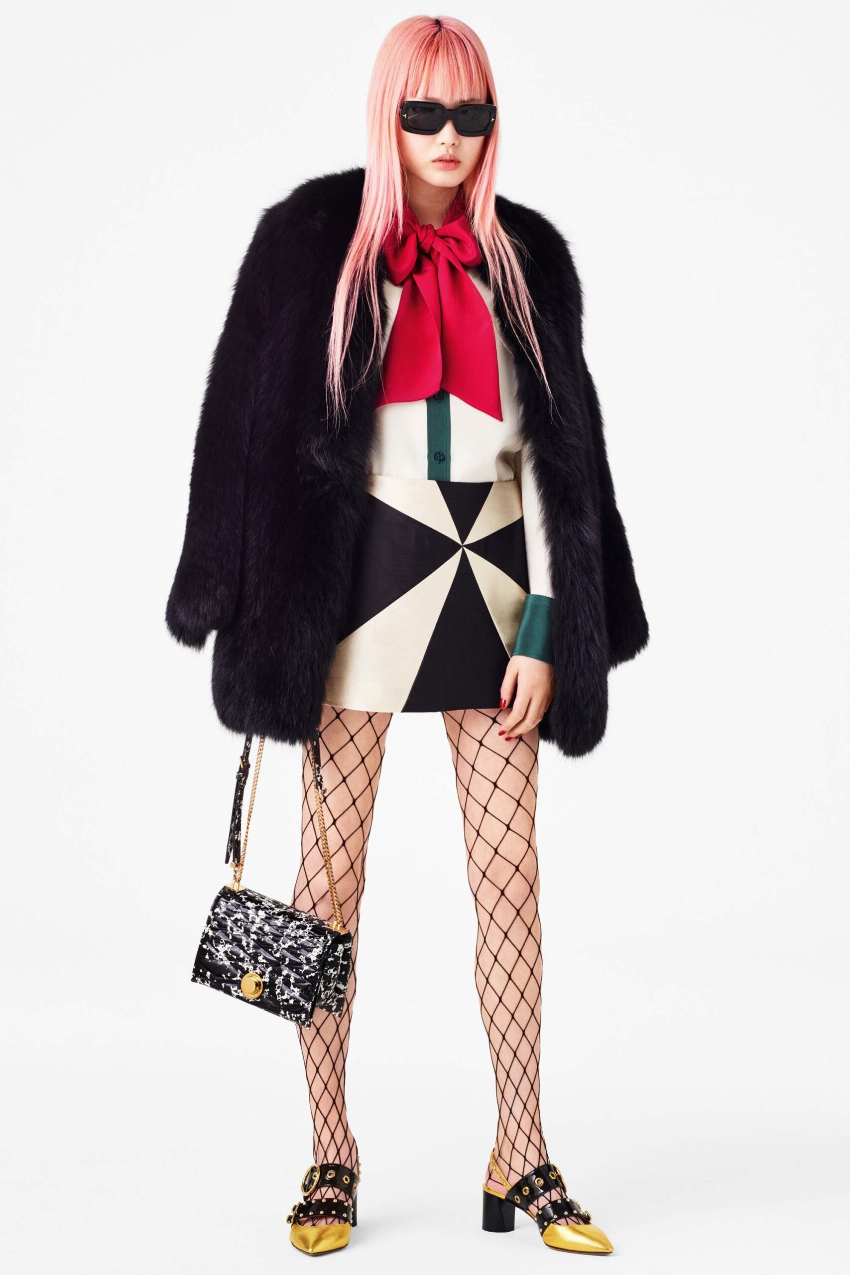 oversized black fur coat with ruffled blouse