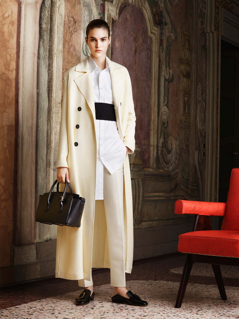 beige wool long-sleeve collared tailored belted coat