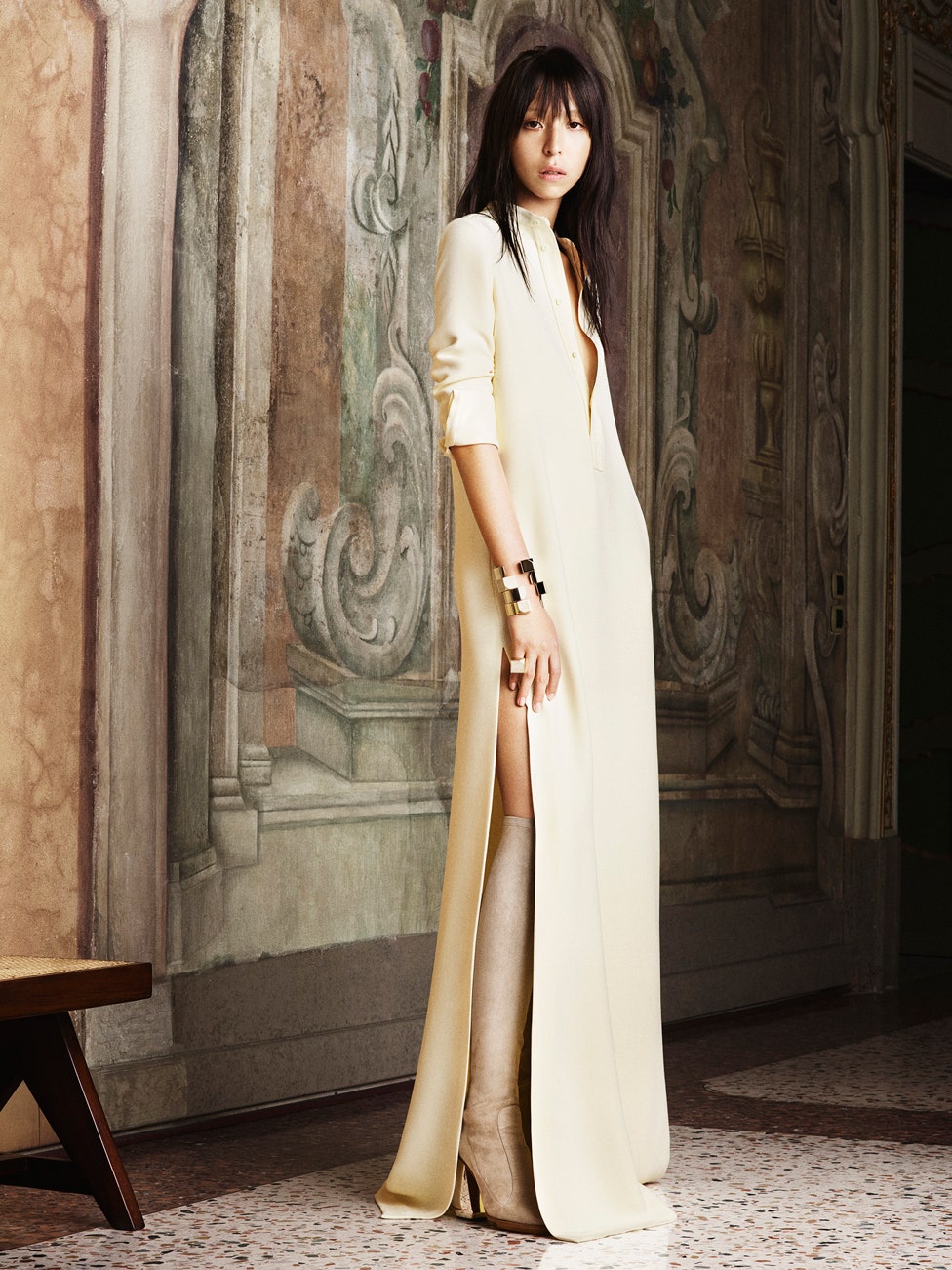 ivory silk long-sleeve v-neck fitted straight-leg maxi dress