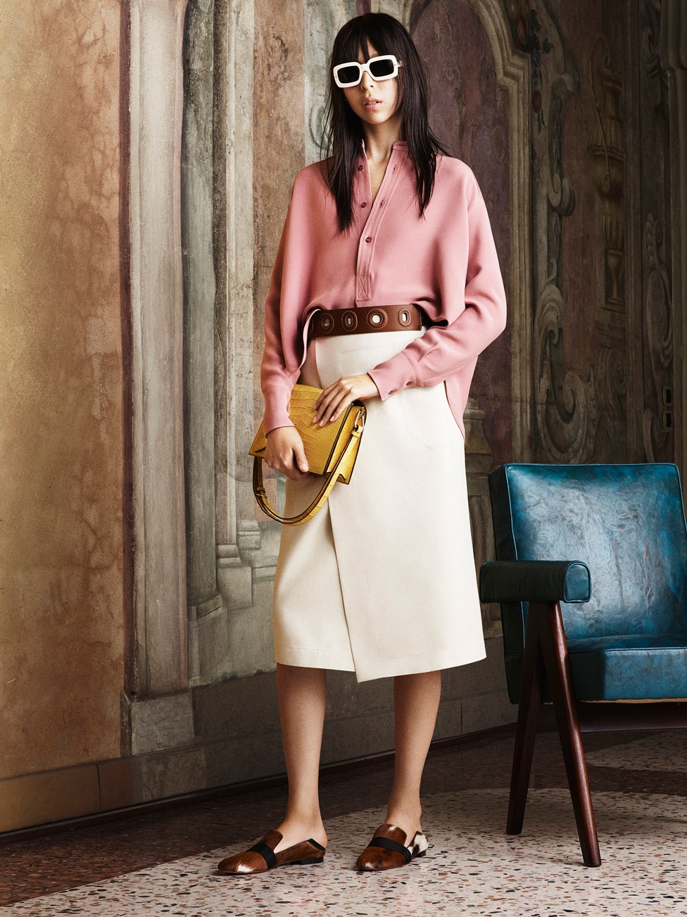 pink silk blouse and white skirt