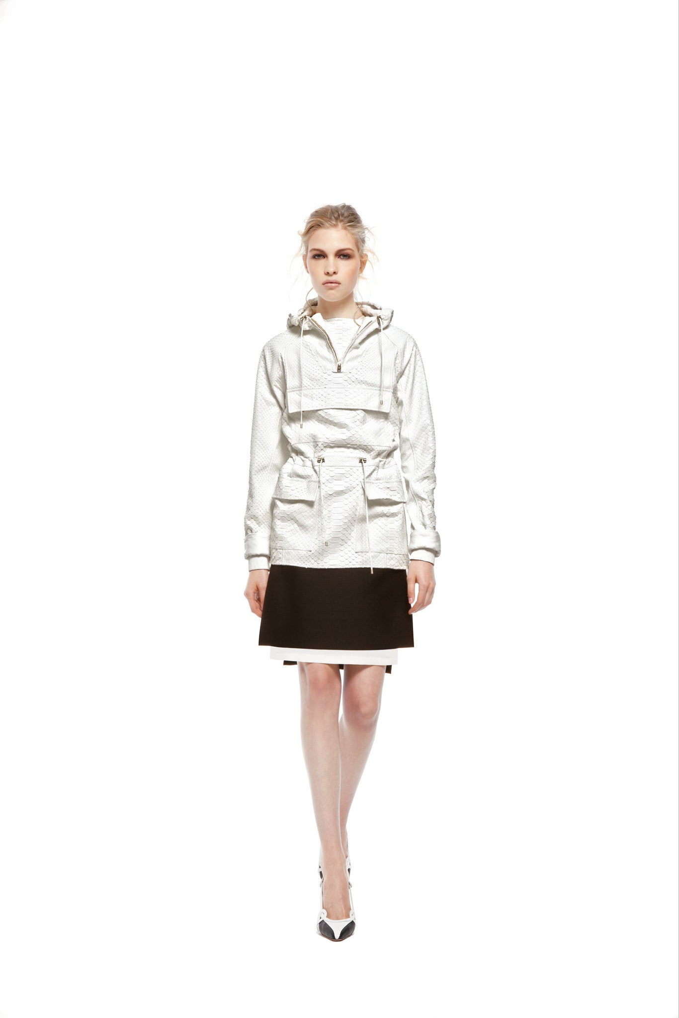 white fitted jacket with black skirt