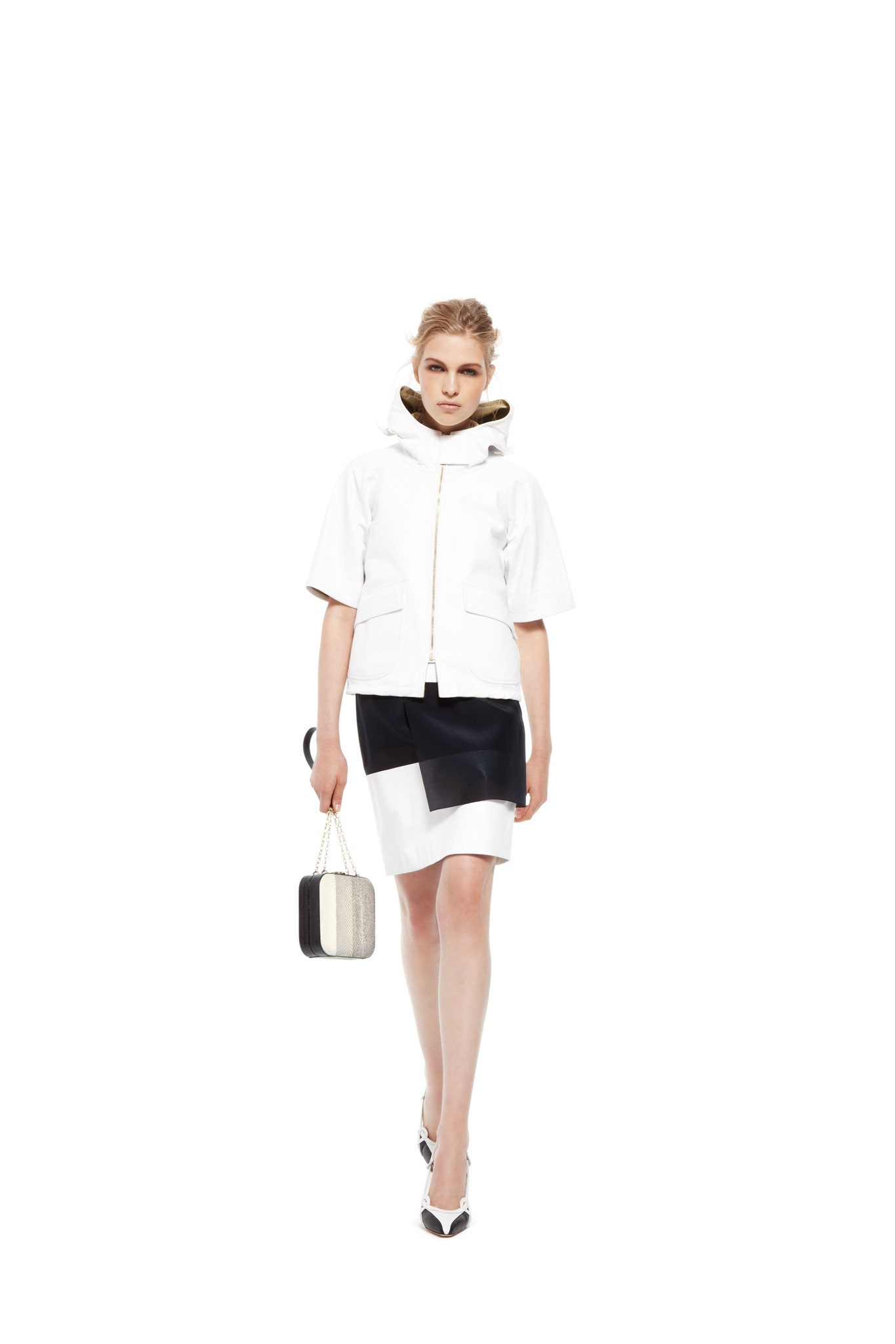white fitted jacket with hood and black pencil skirt