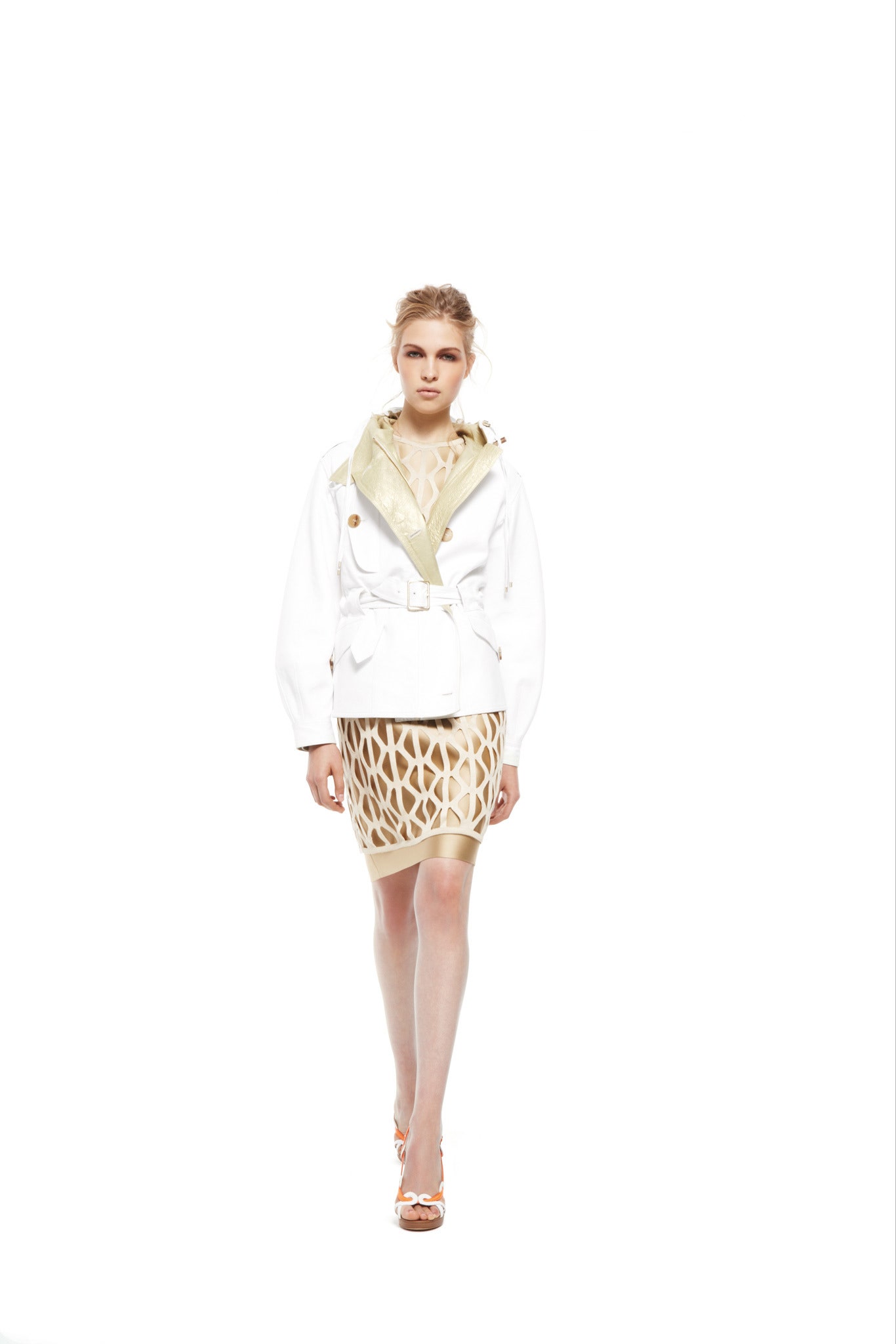 white jacket with belted beige skirt