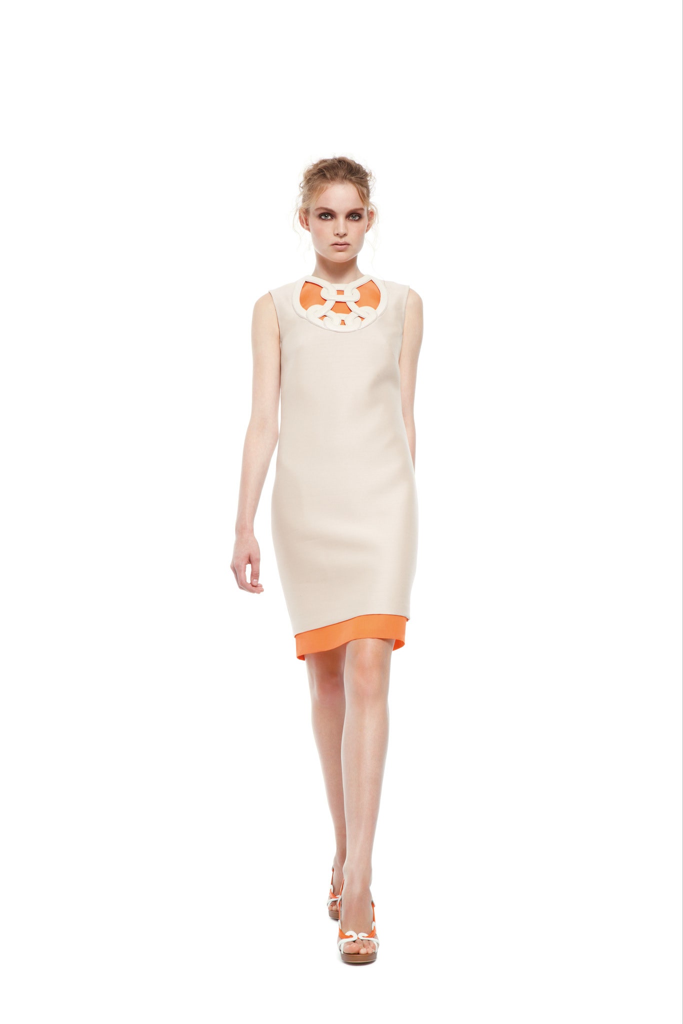 beige and orange fitted dress