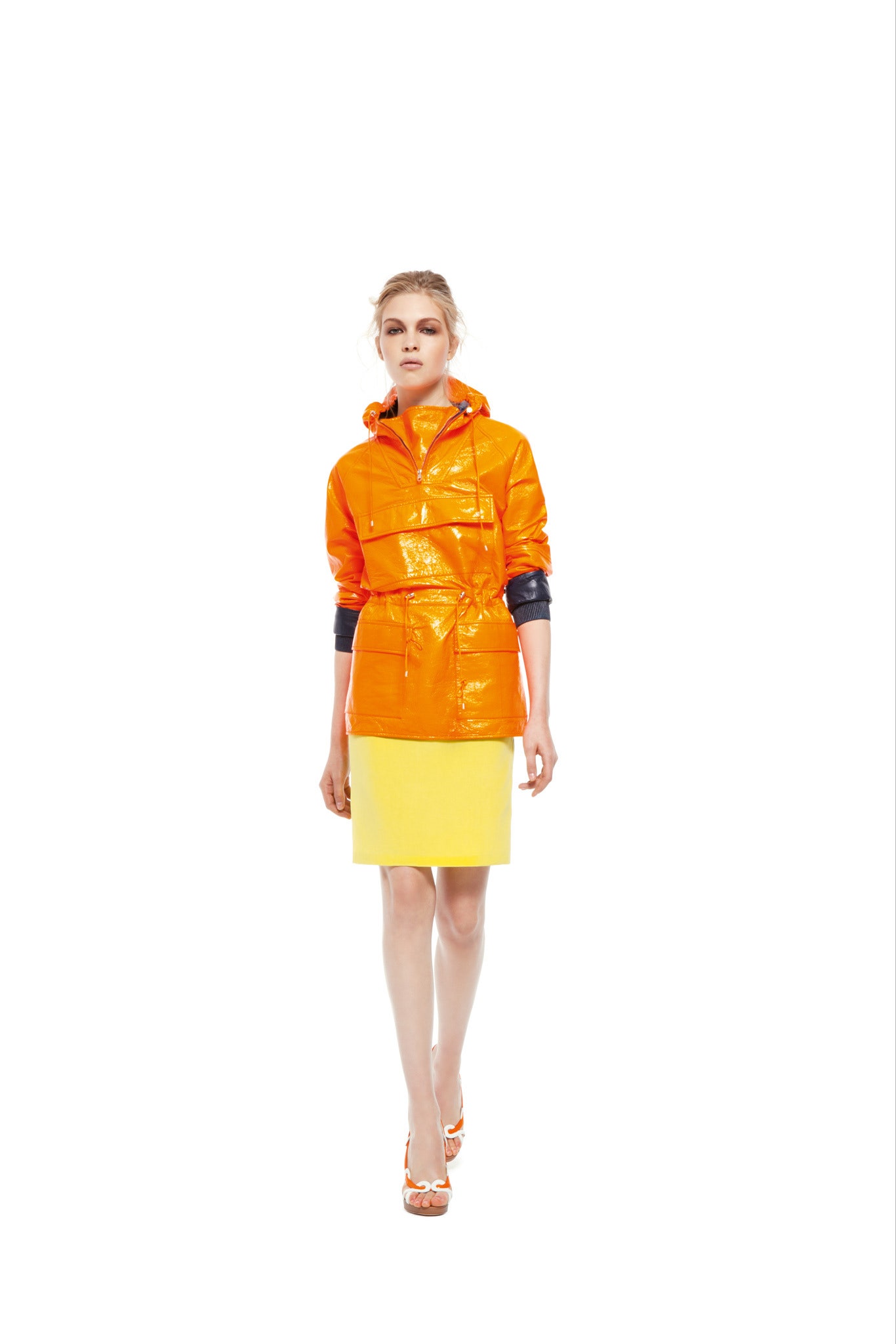 orange vinyl jacket and yellow skirt