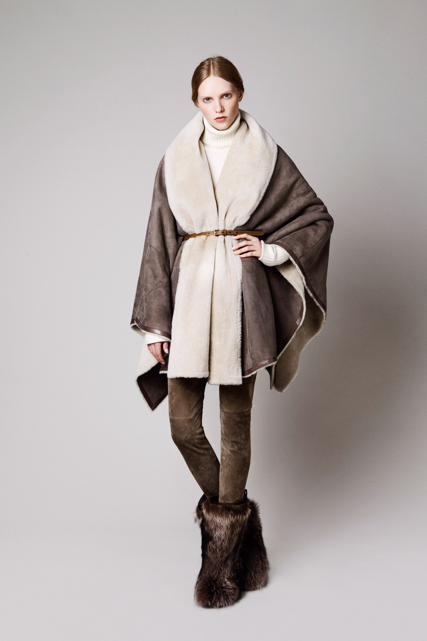 brown fur poncho with sweater and pants