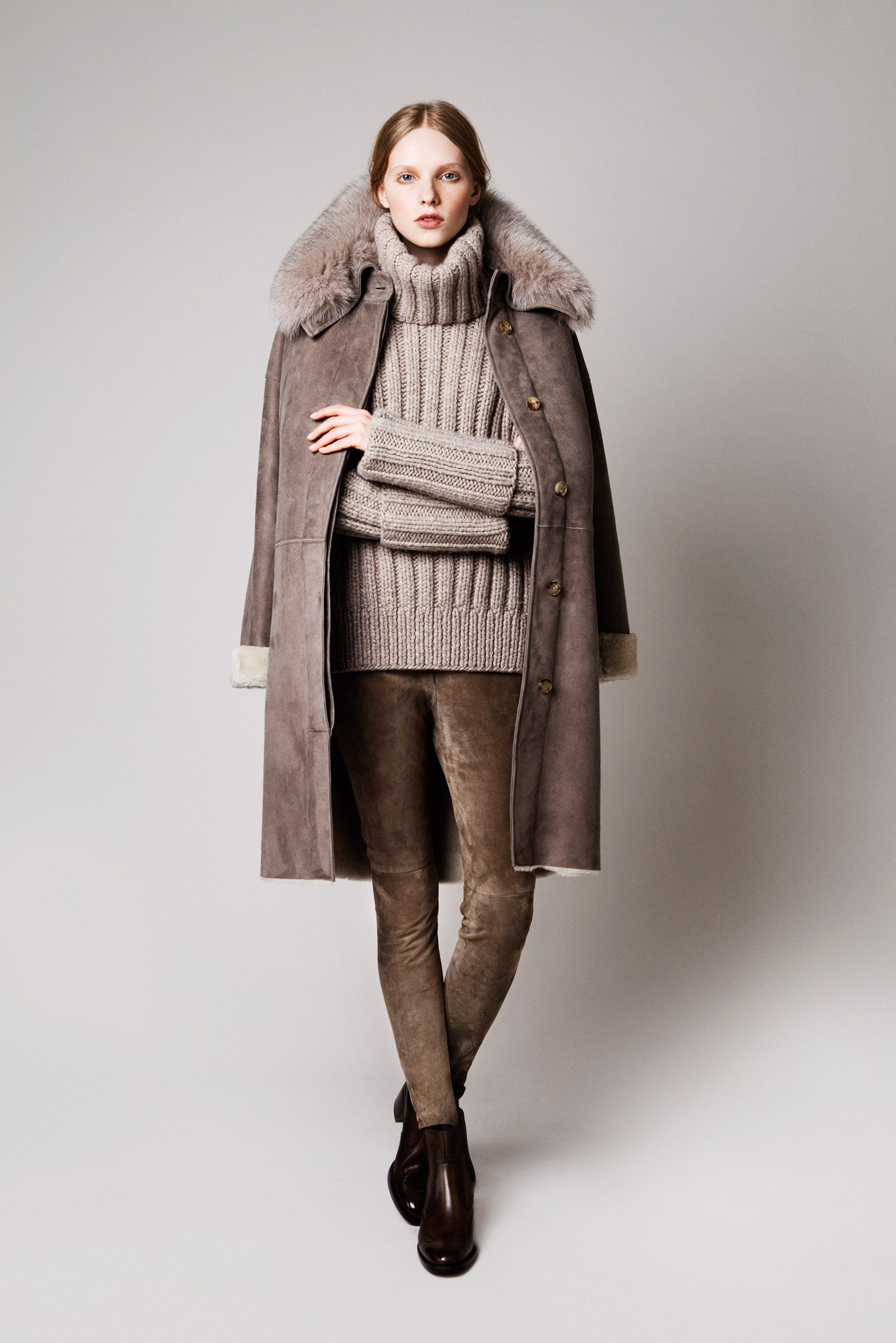 gray suede coat with beige sweater