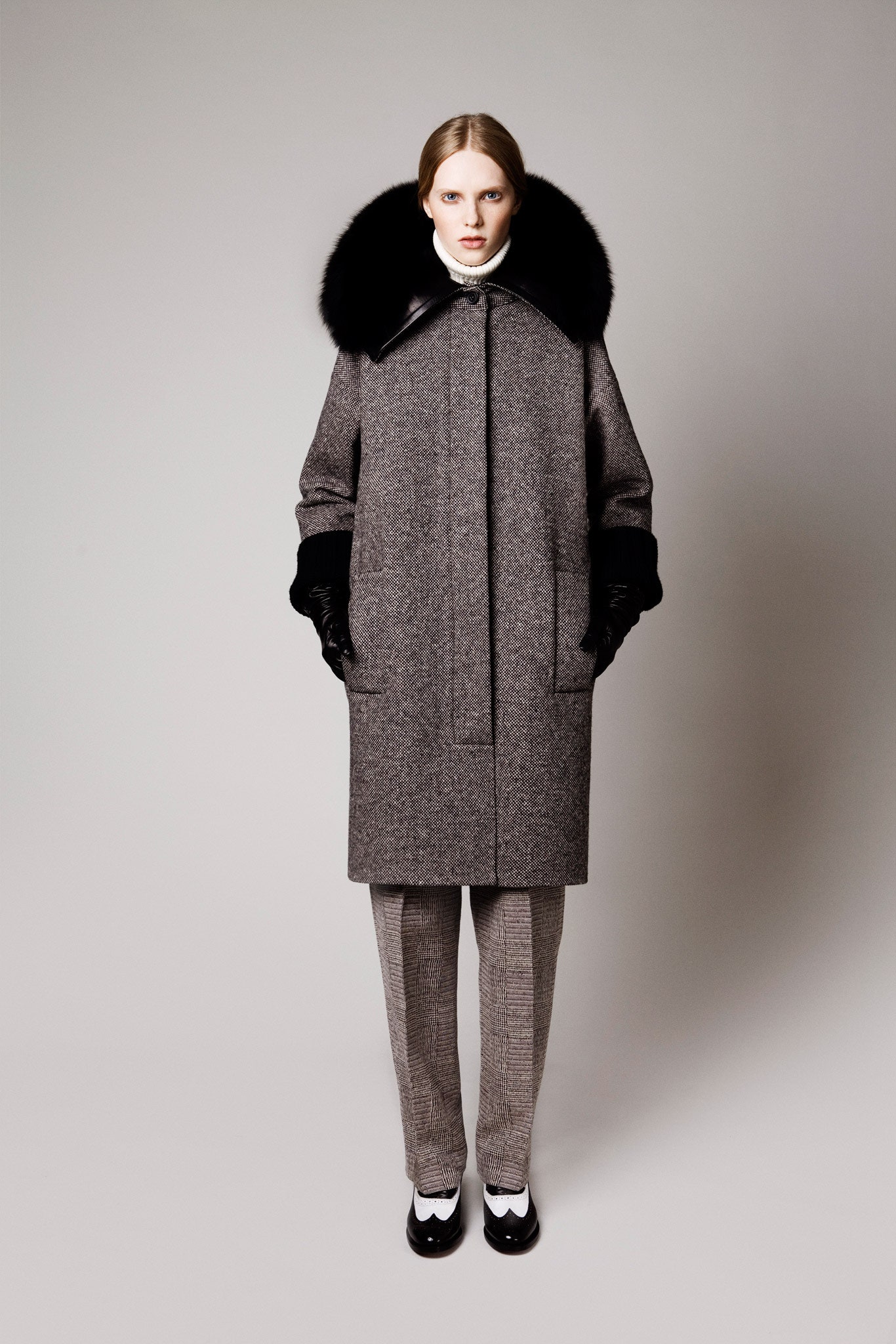 gray wool coat with tailored pants