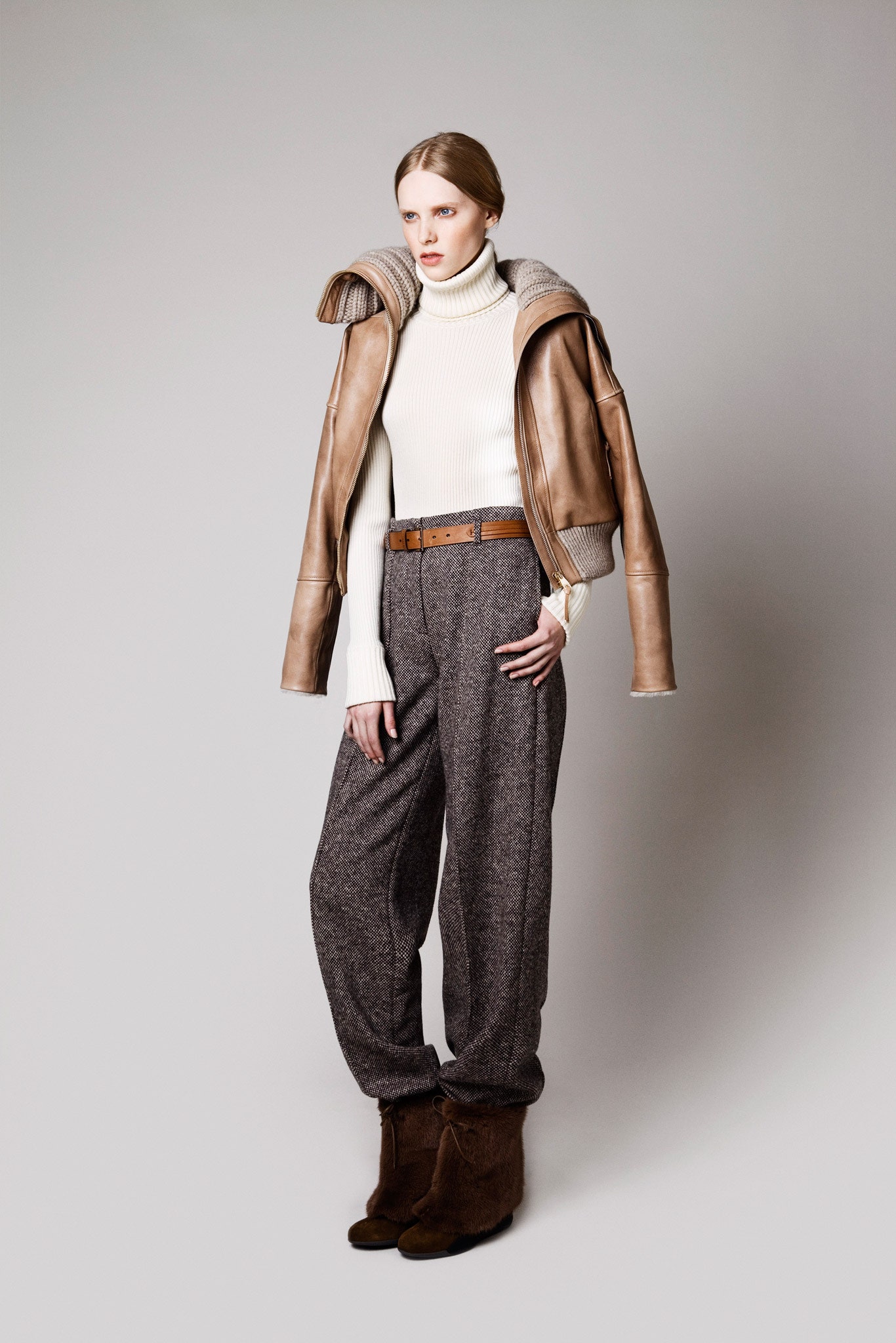 brown leather jacket with turtleneck