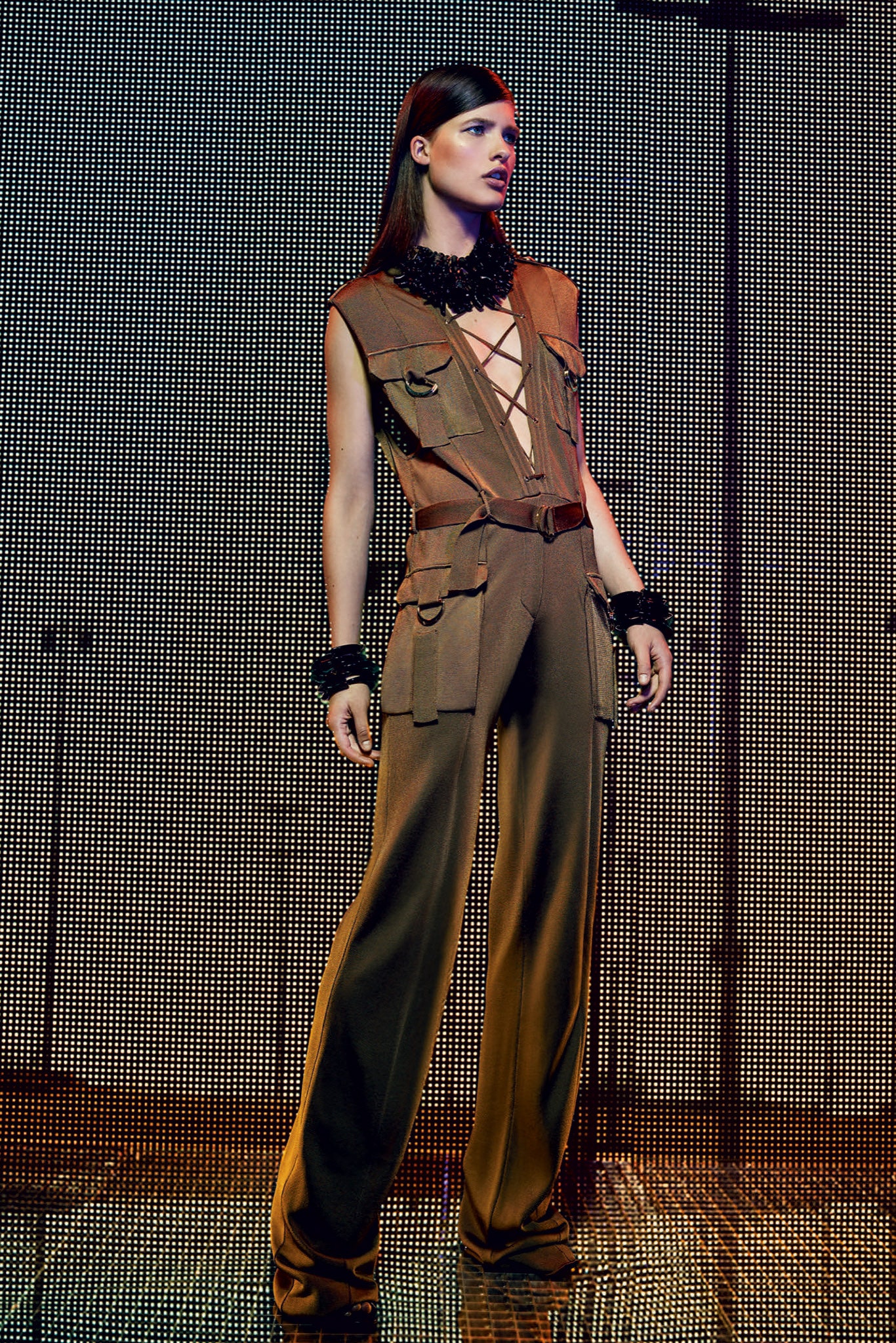 brown fitted sleeveless jumpsuit