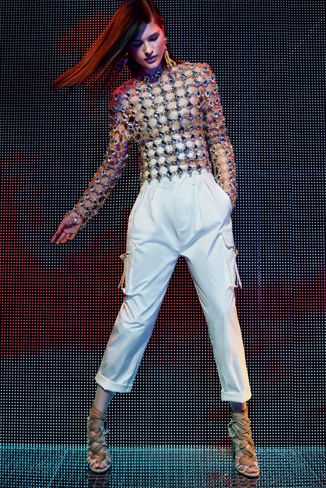 beige embellished top with white cargo pants