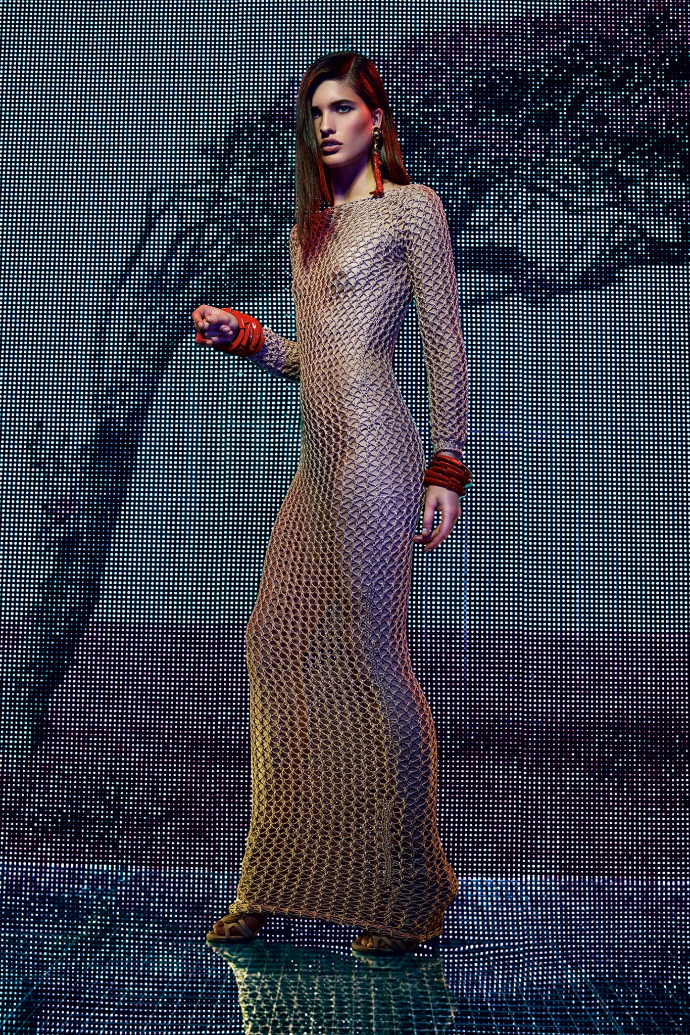 beige fitted mesh gown