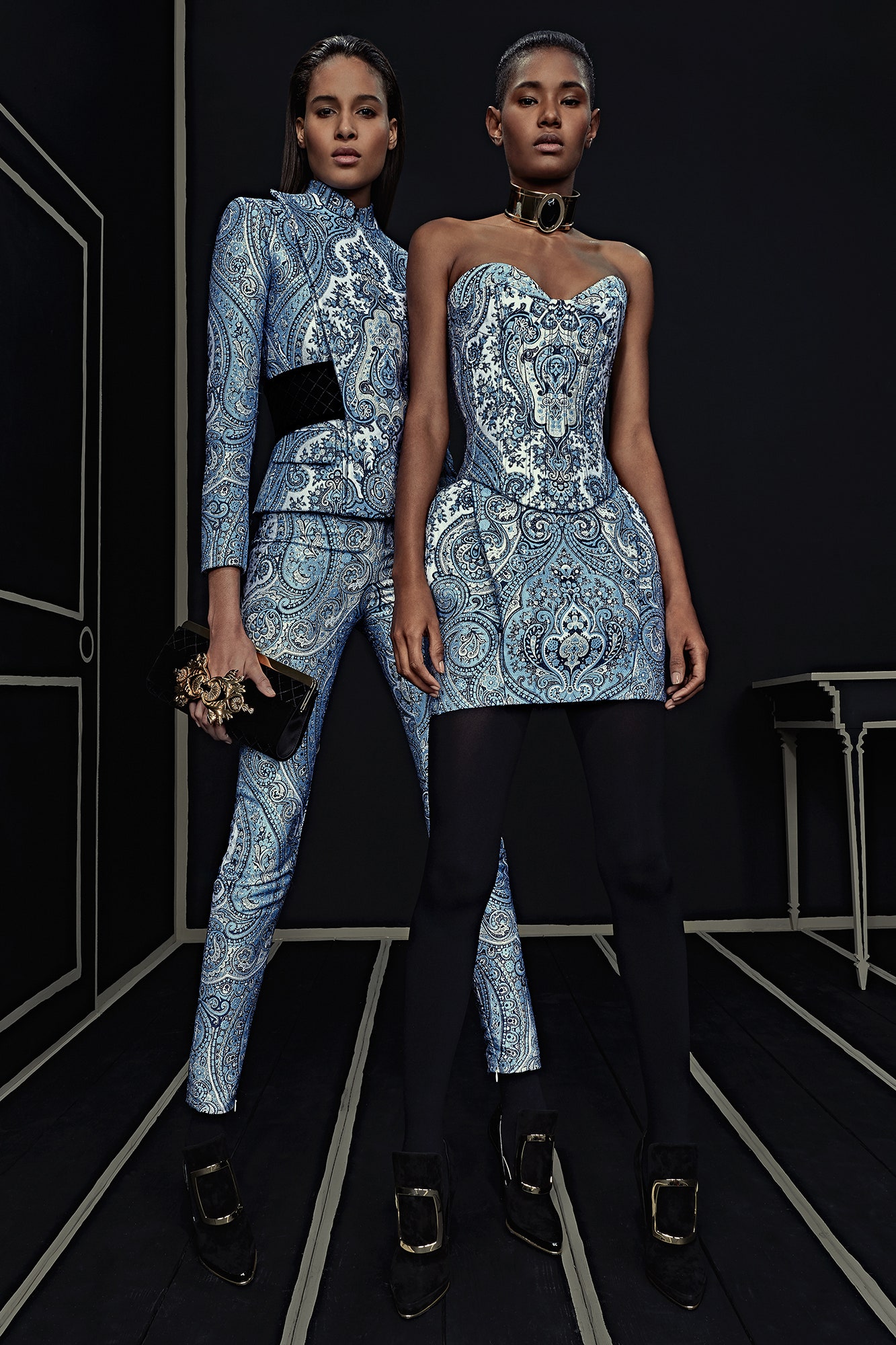 blue and white printed catsuit and dress