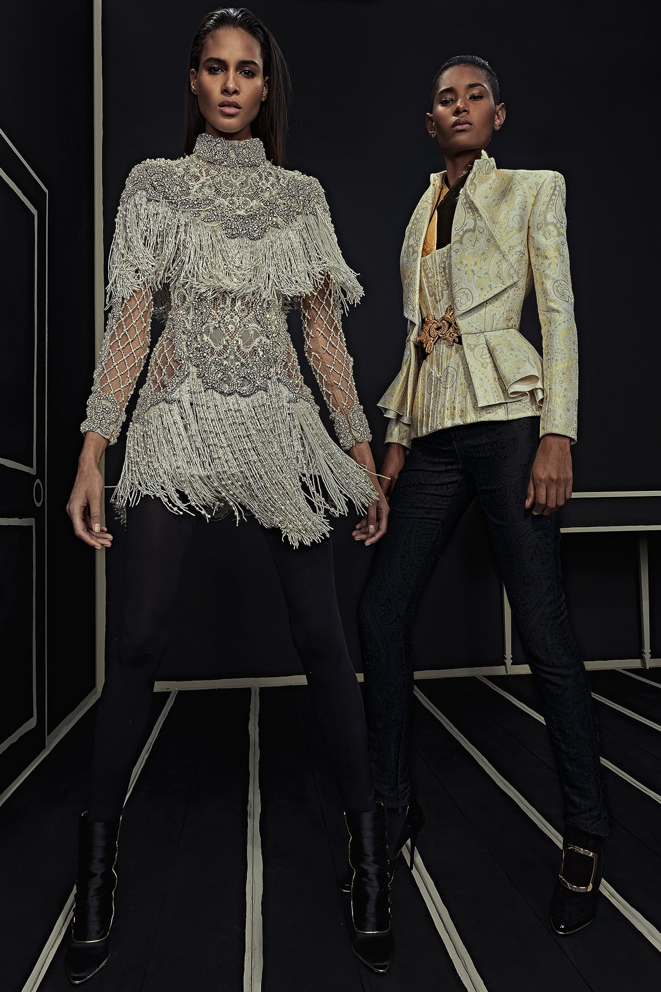 gold silk long-sleeve collared structured flared embroidered blazer