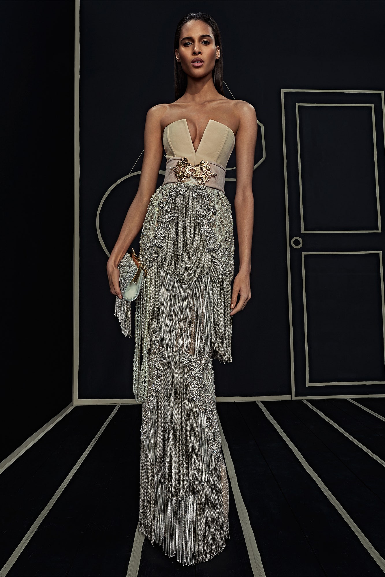 beige silk strapless gown