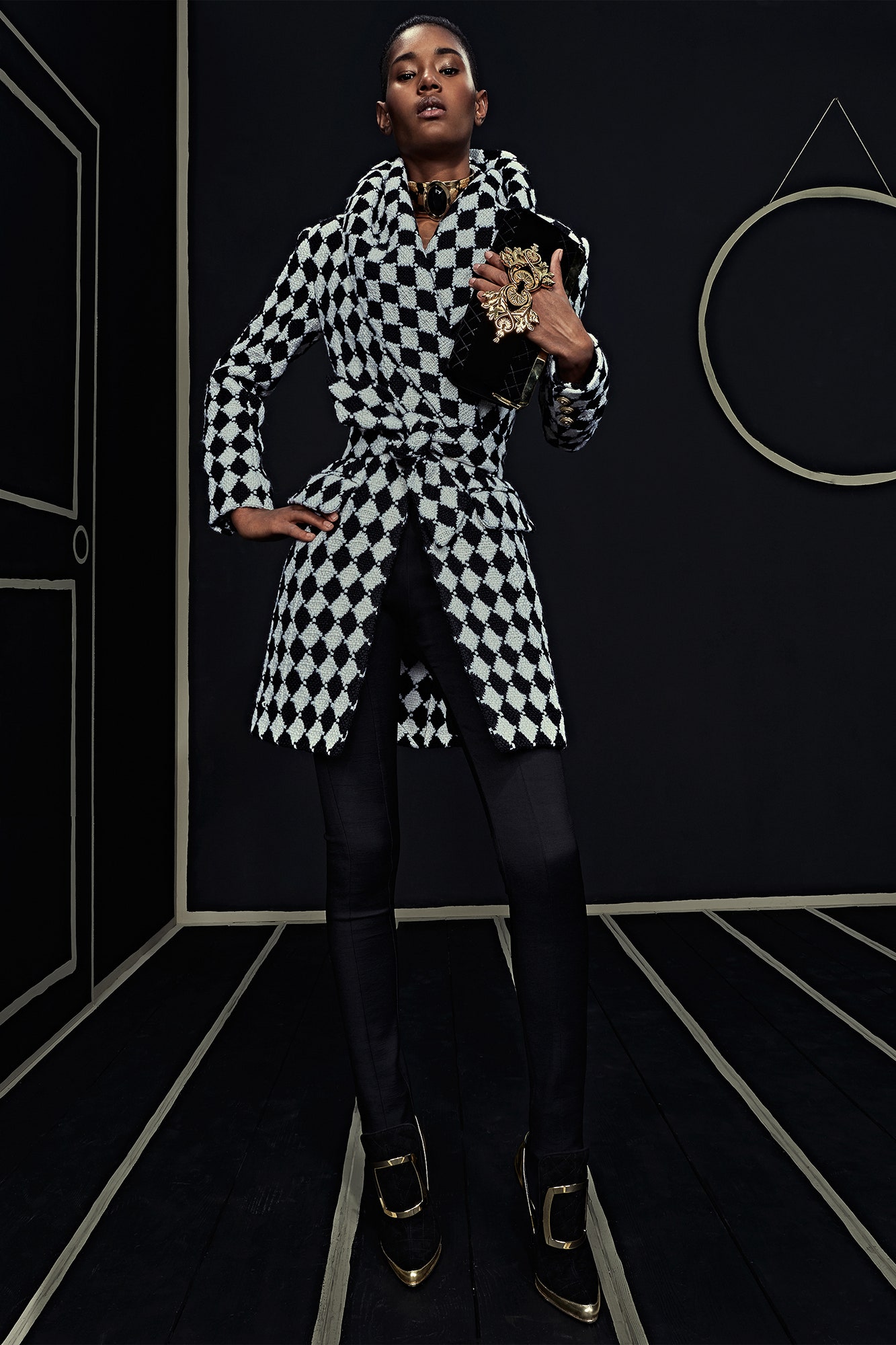 black and white checked coat