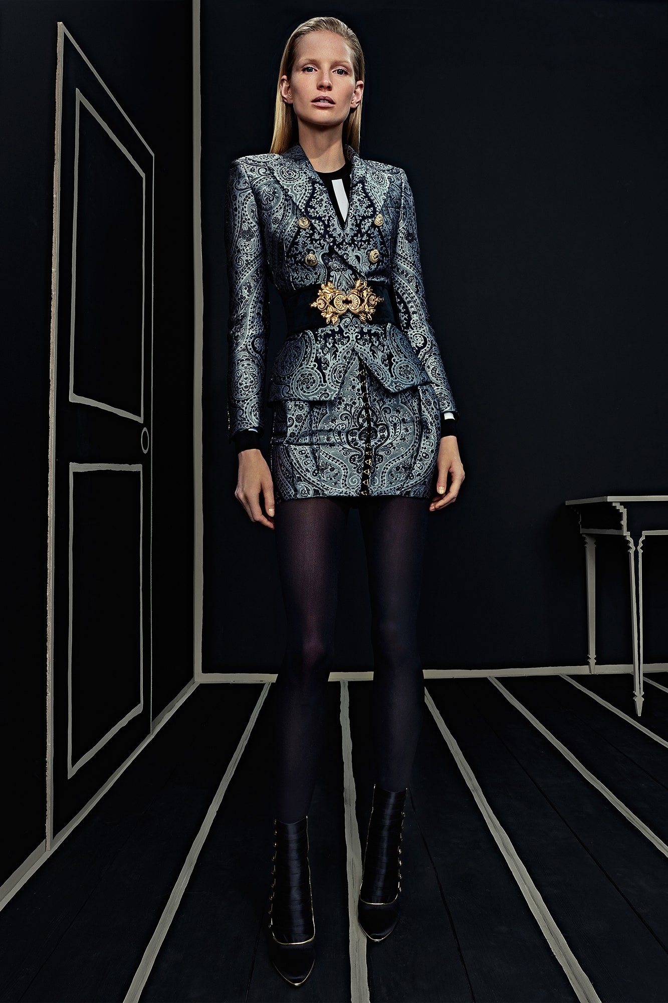 blue silk tailored blazer and mini-dress