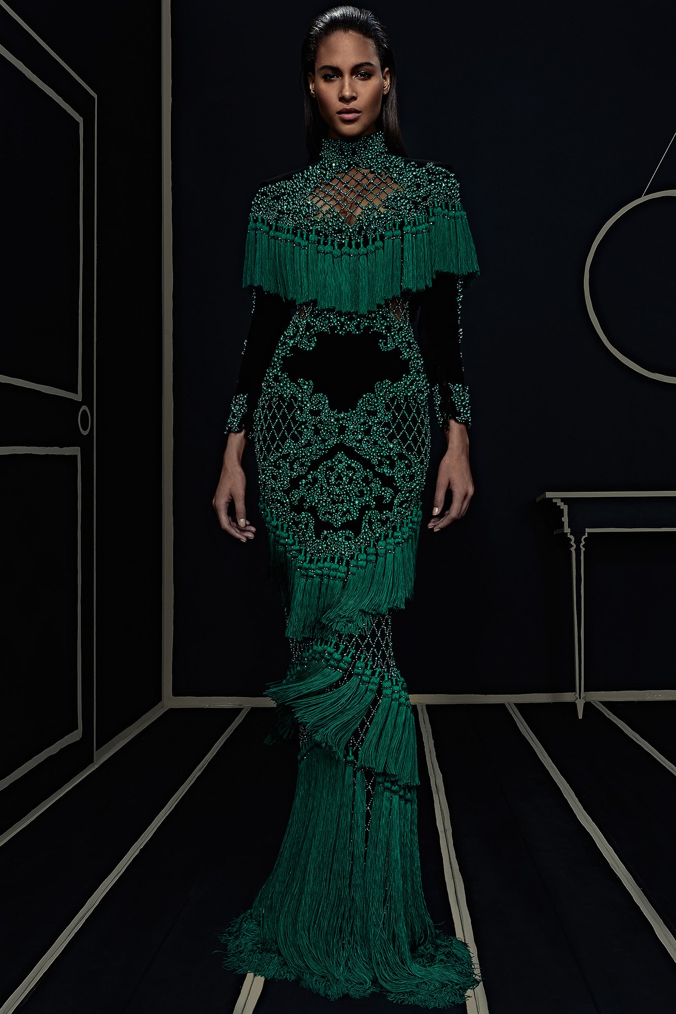 black and green fringed gown