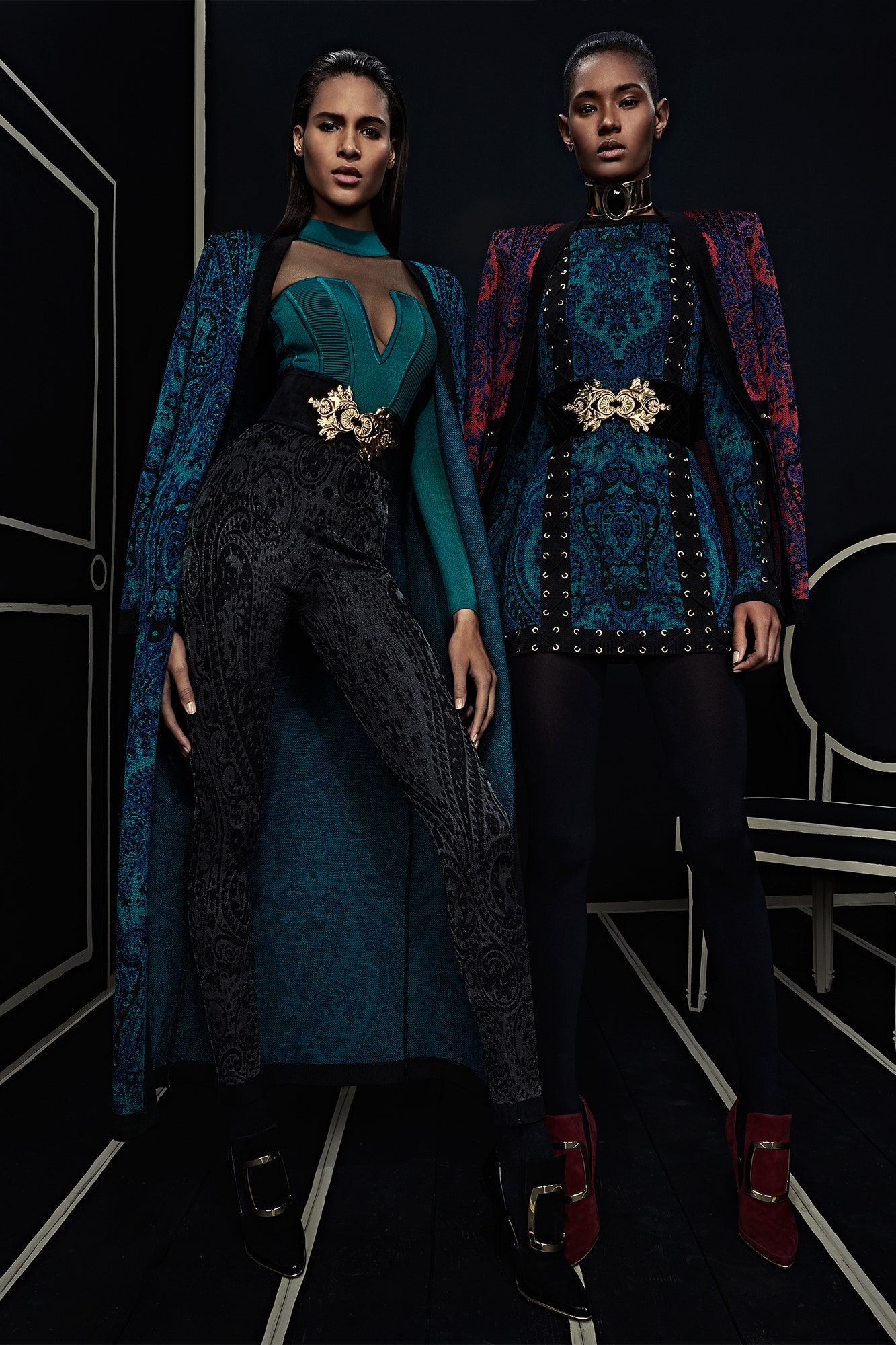 blue embroidered jacket and teal bodysuit