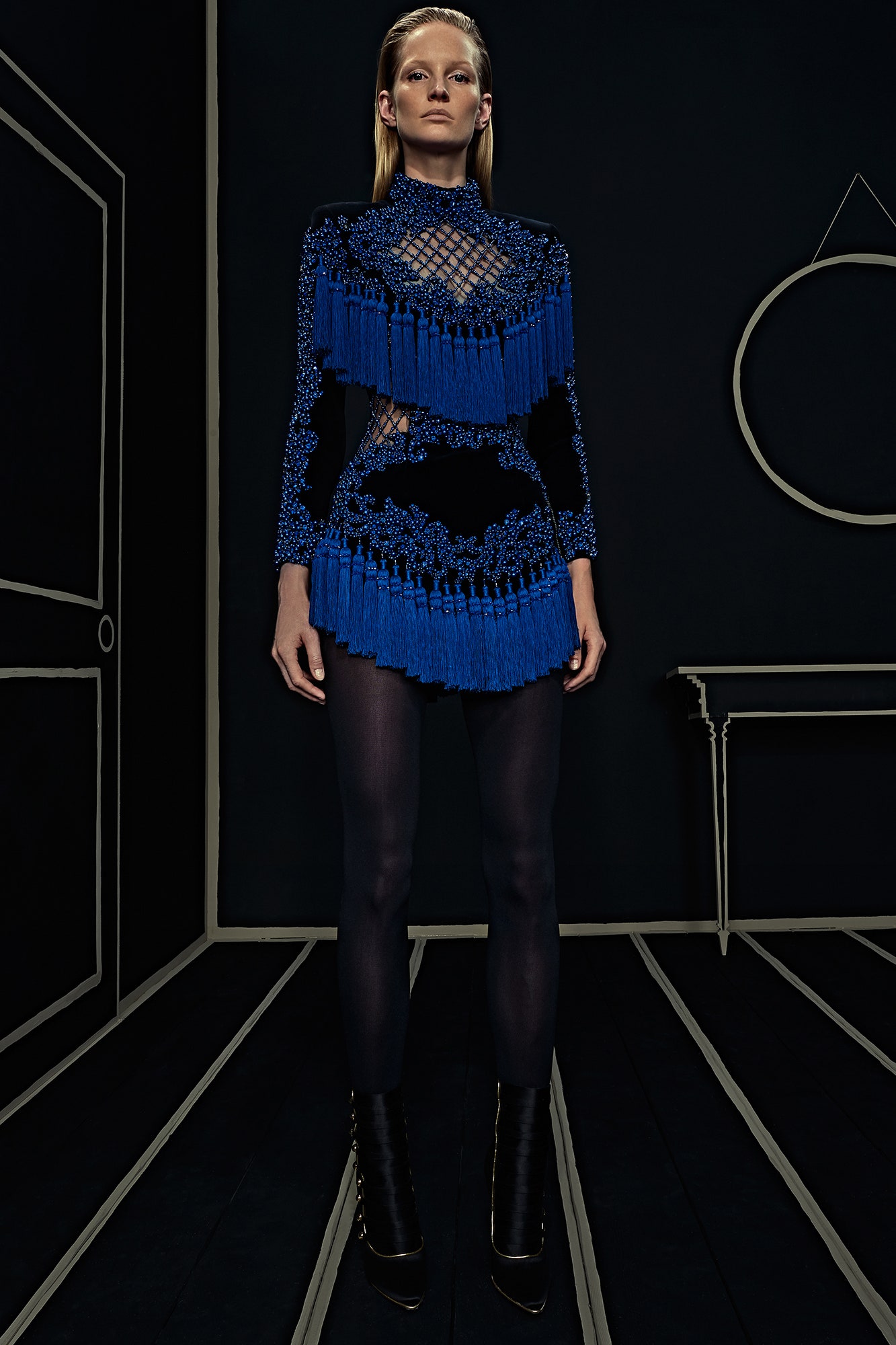 blue fringed mini dress with boots