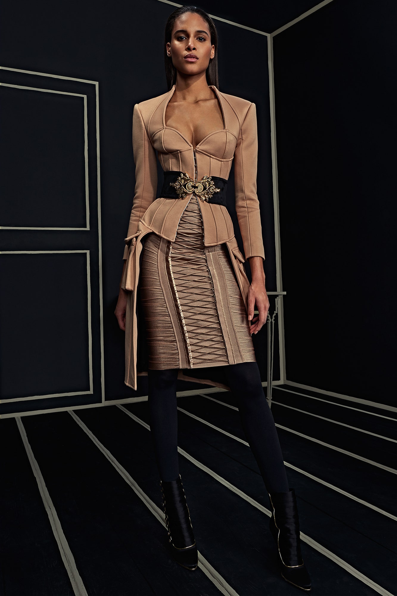 beige silk long-sleeve v-neck fitted pleated zippered dress