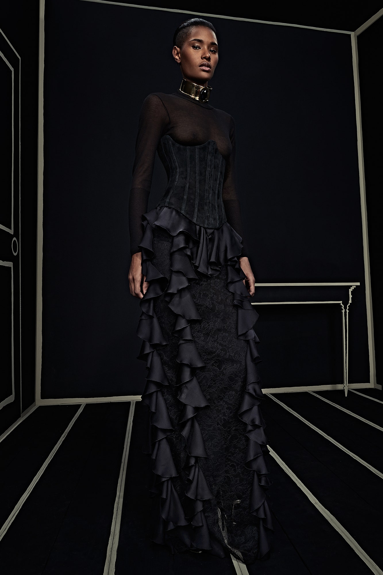 black silk gown with corset
