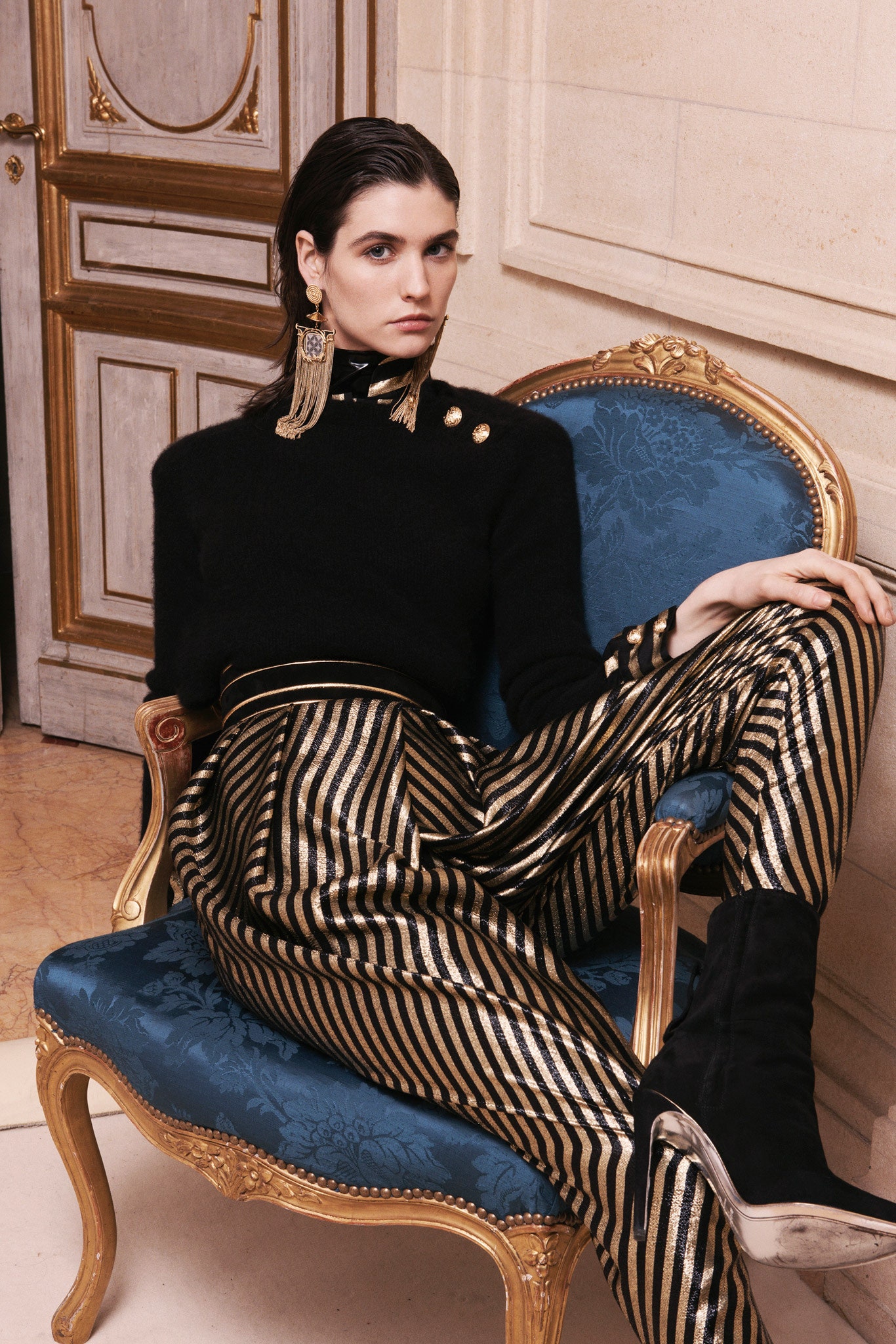 black wool fitted top with striped pants