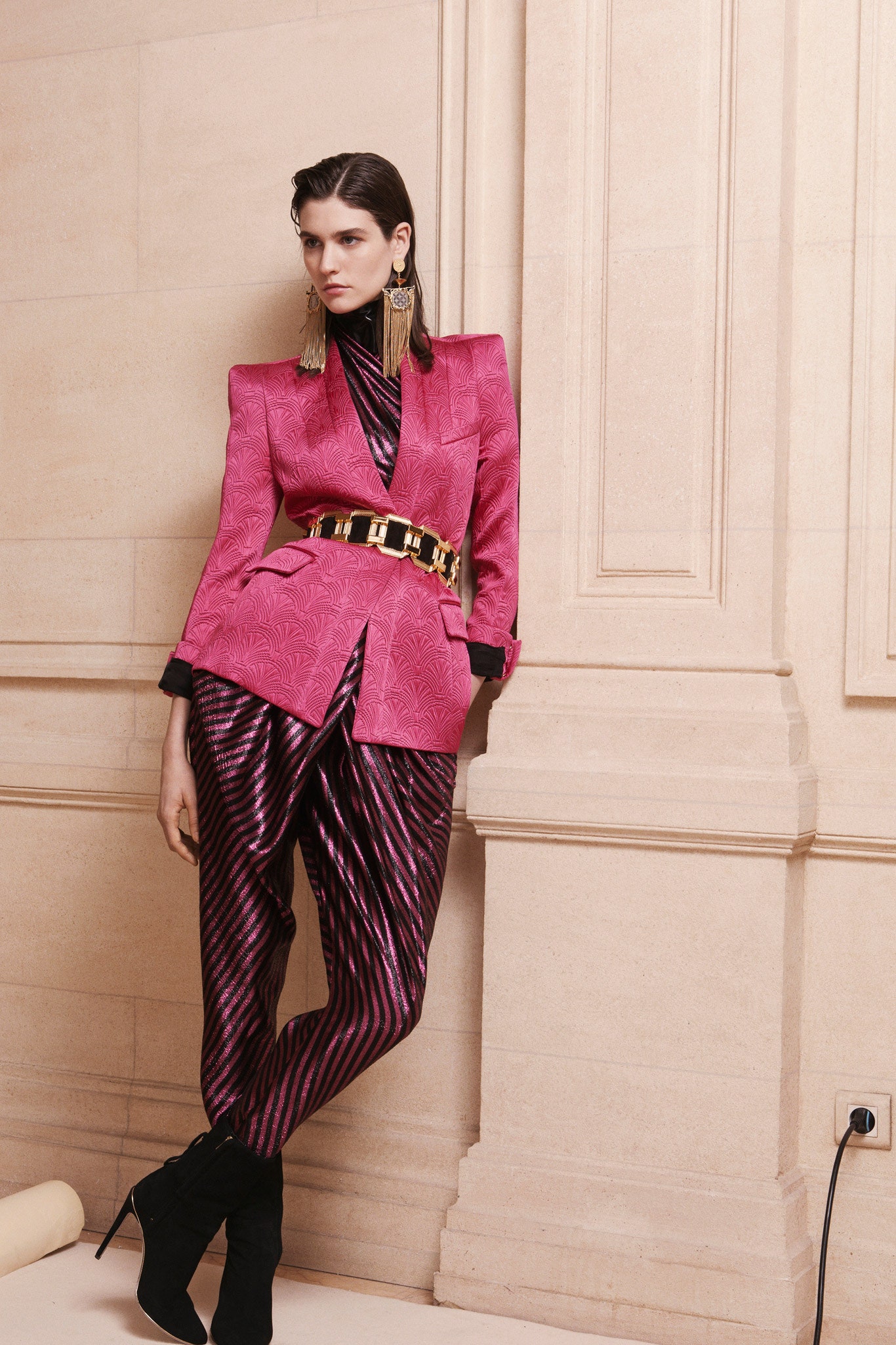 pink embroidered blazer with purple pants