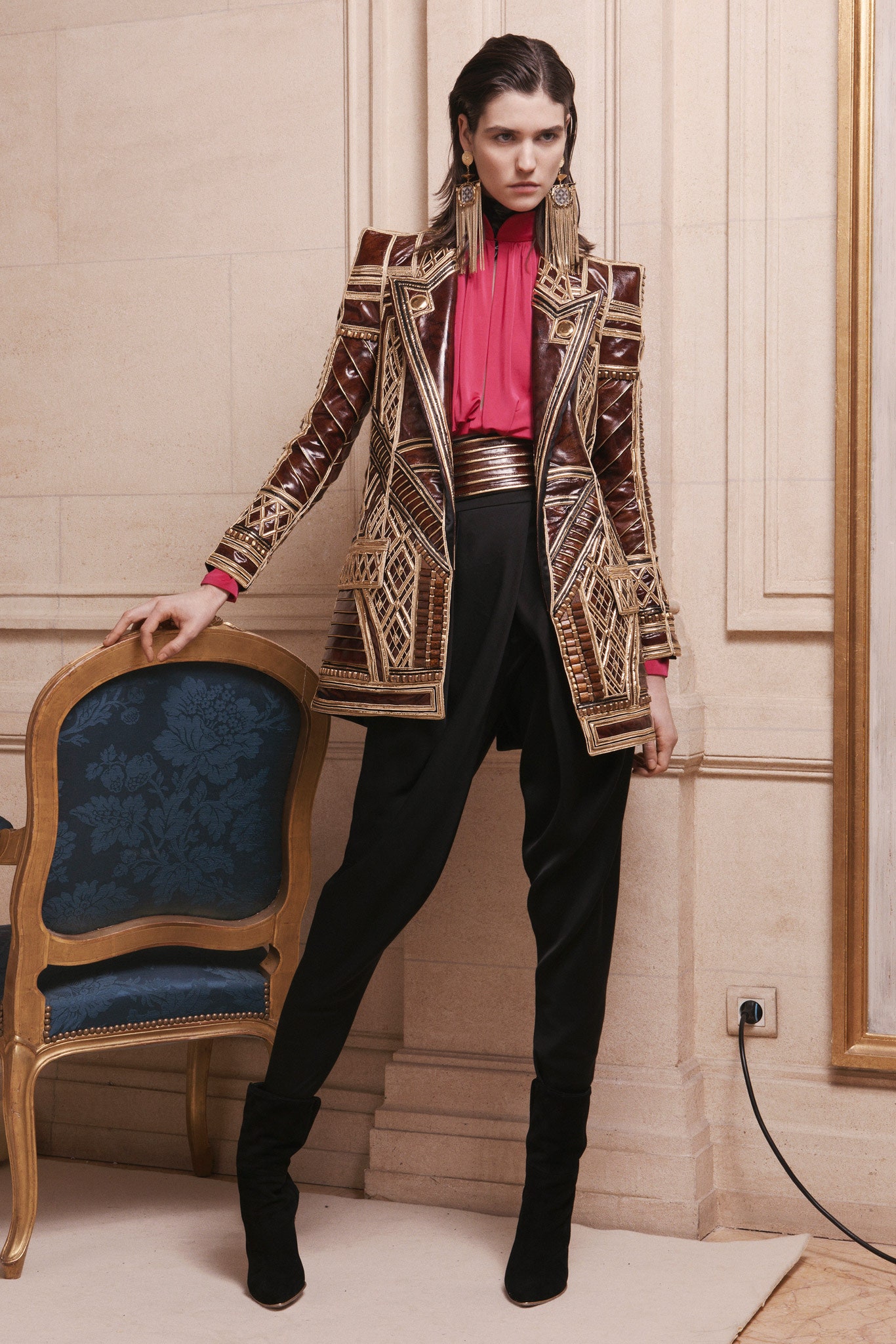 red silk long-sleeve high-neck fitted blouse
