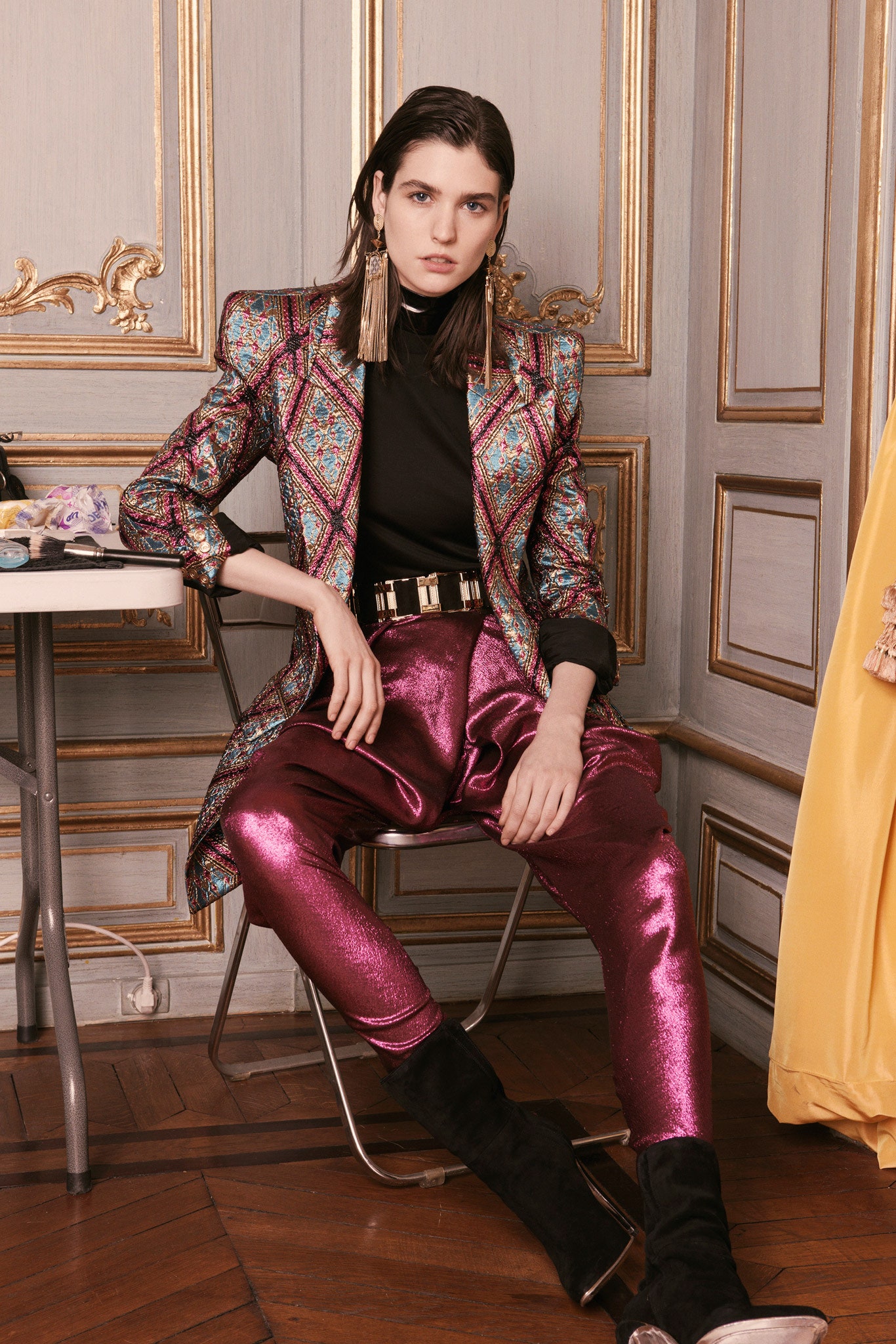 multi-colored embroidered blazer with black top