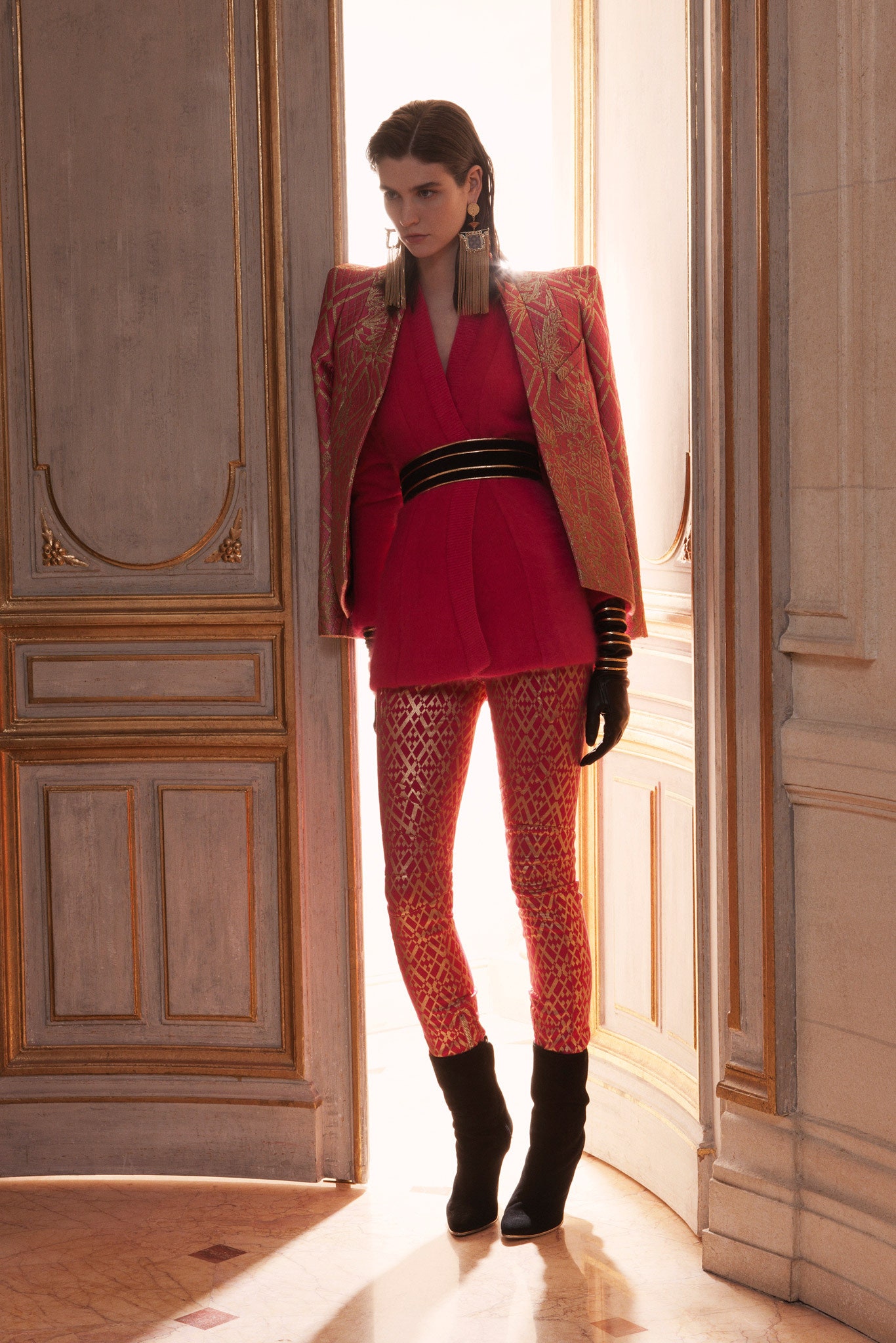 red silk fitted printed pants