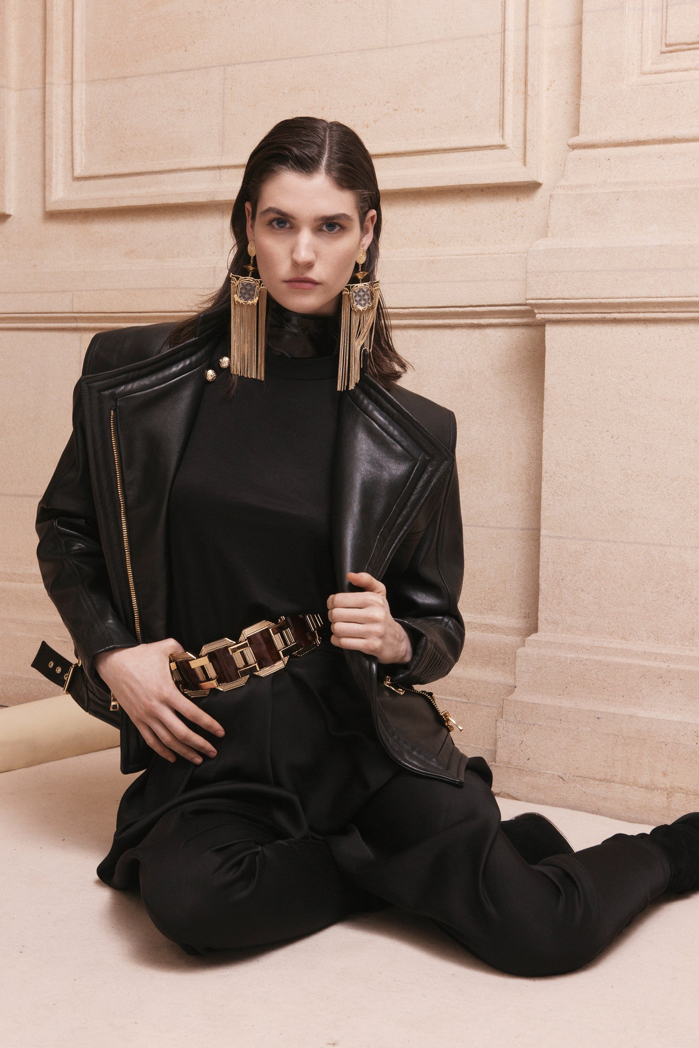 black leather fitted jacket and top