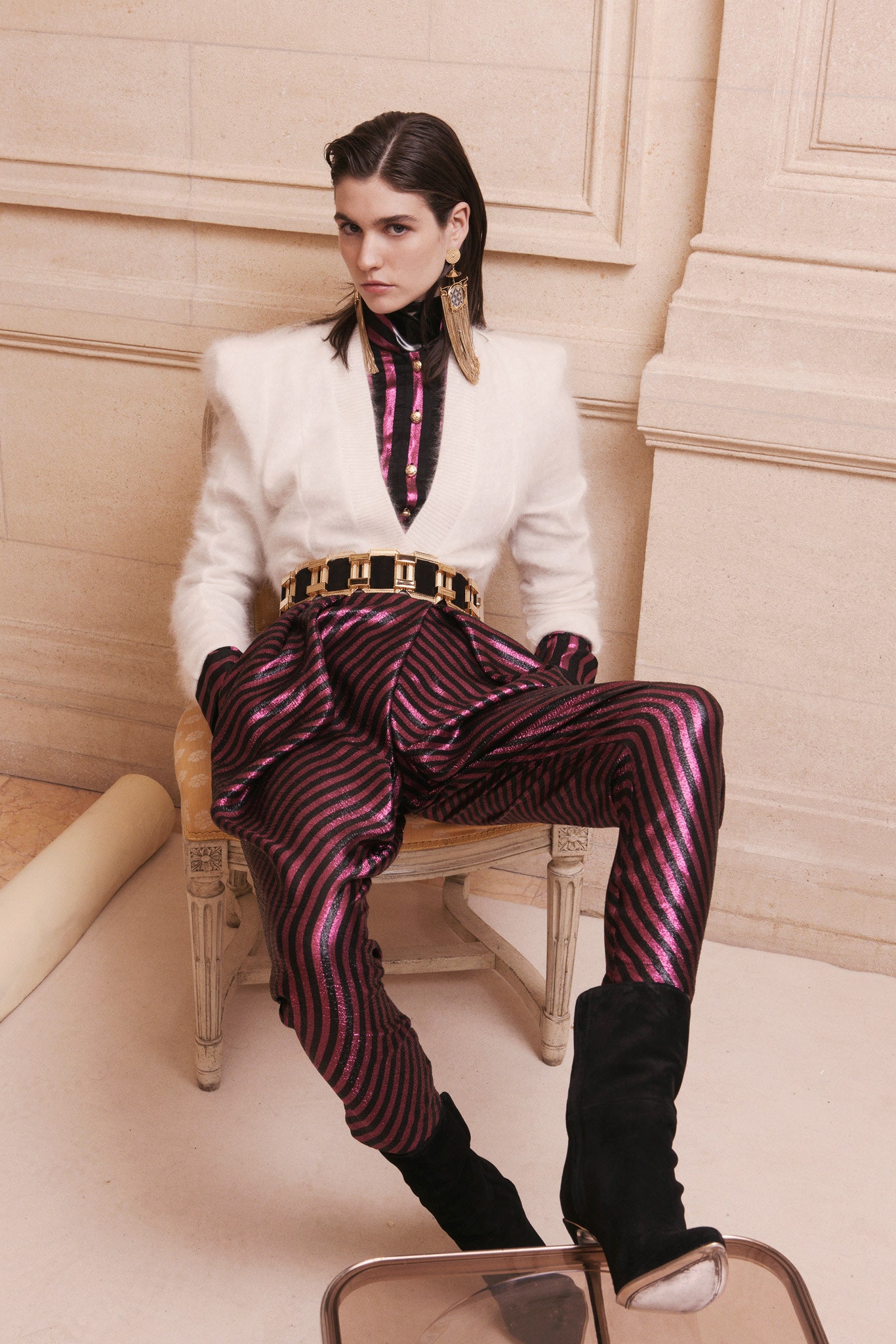 white tailored blazer with purple striped pants