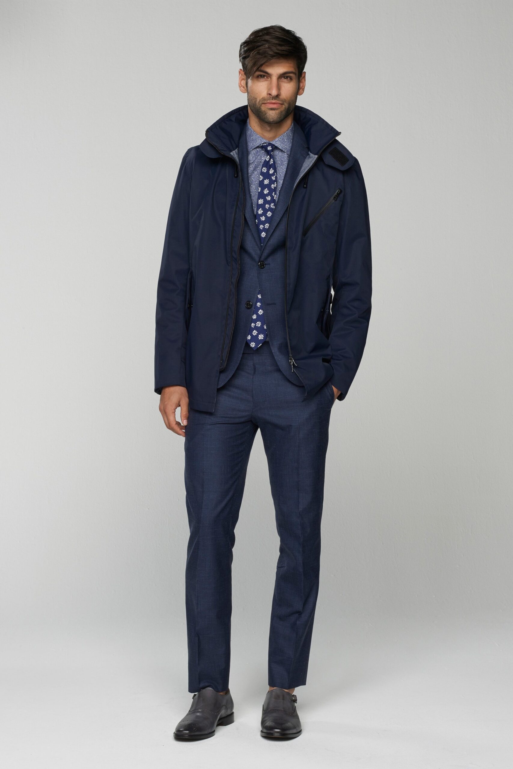 blue cotton long-sleeve hooded structured zippered jacket