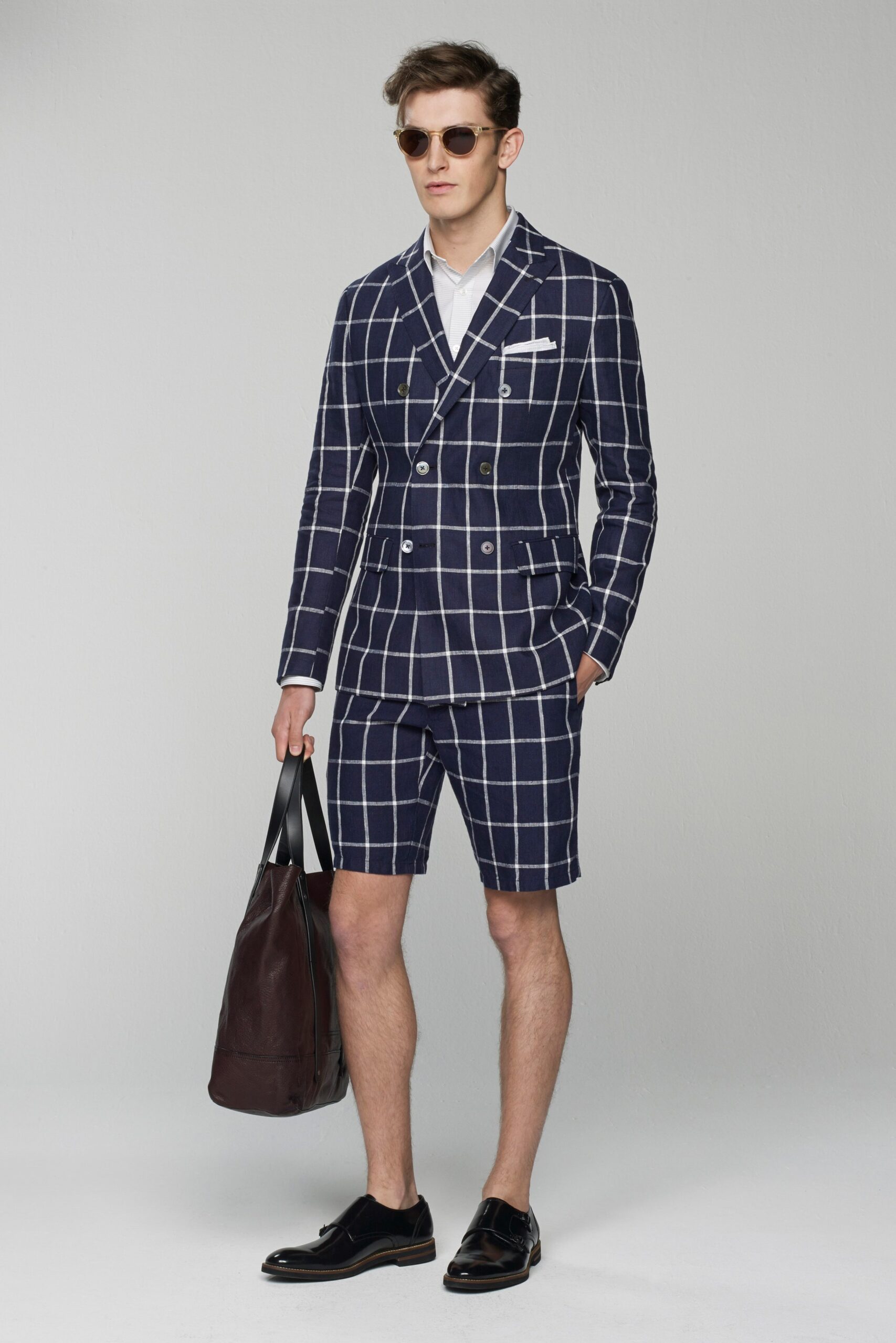 blue and white checked suit with shorts