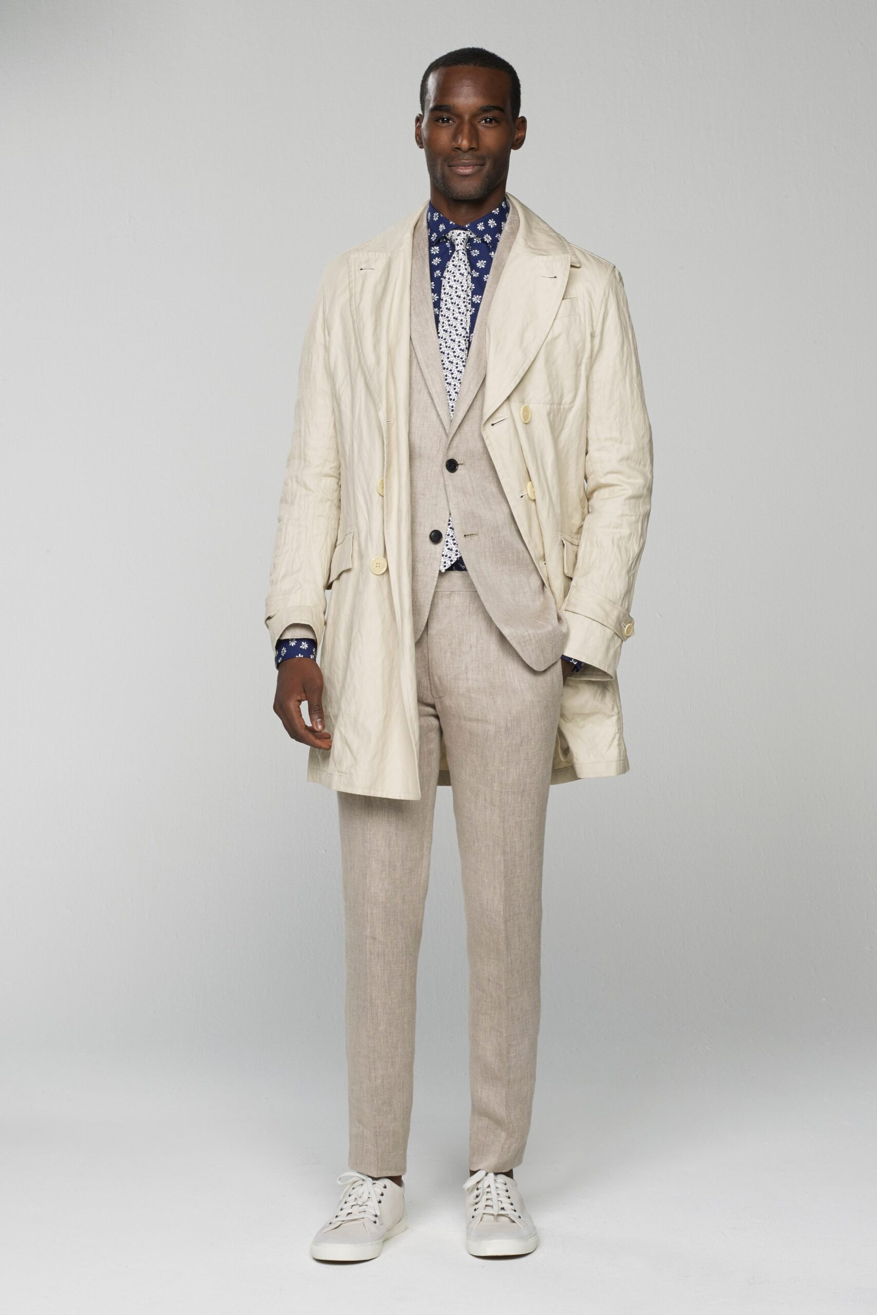 beige linen coat with gray suit