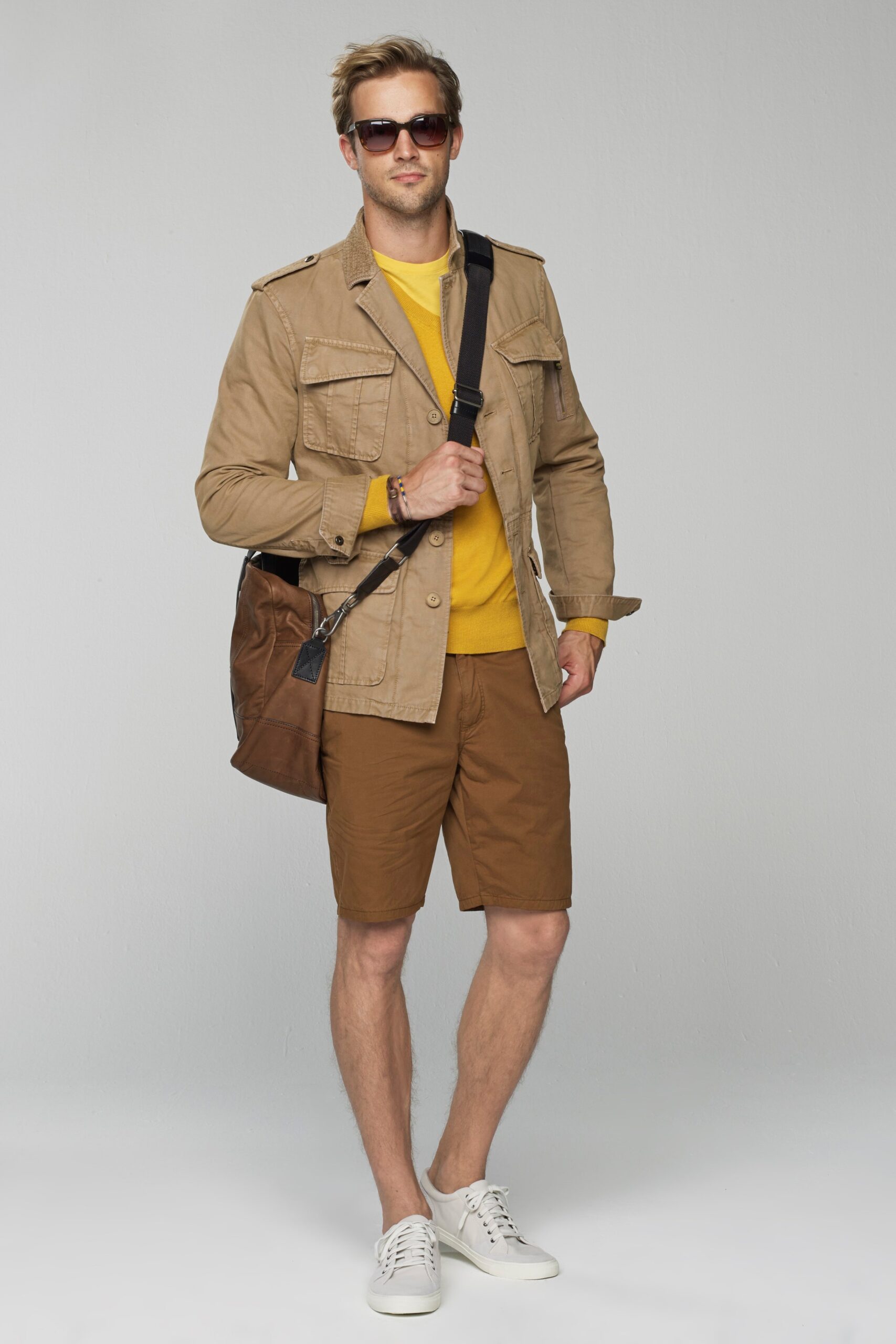 beige jacket yellow sweater brown shorts