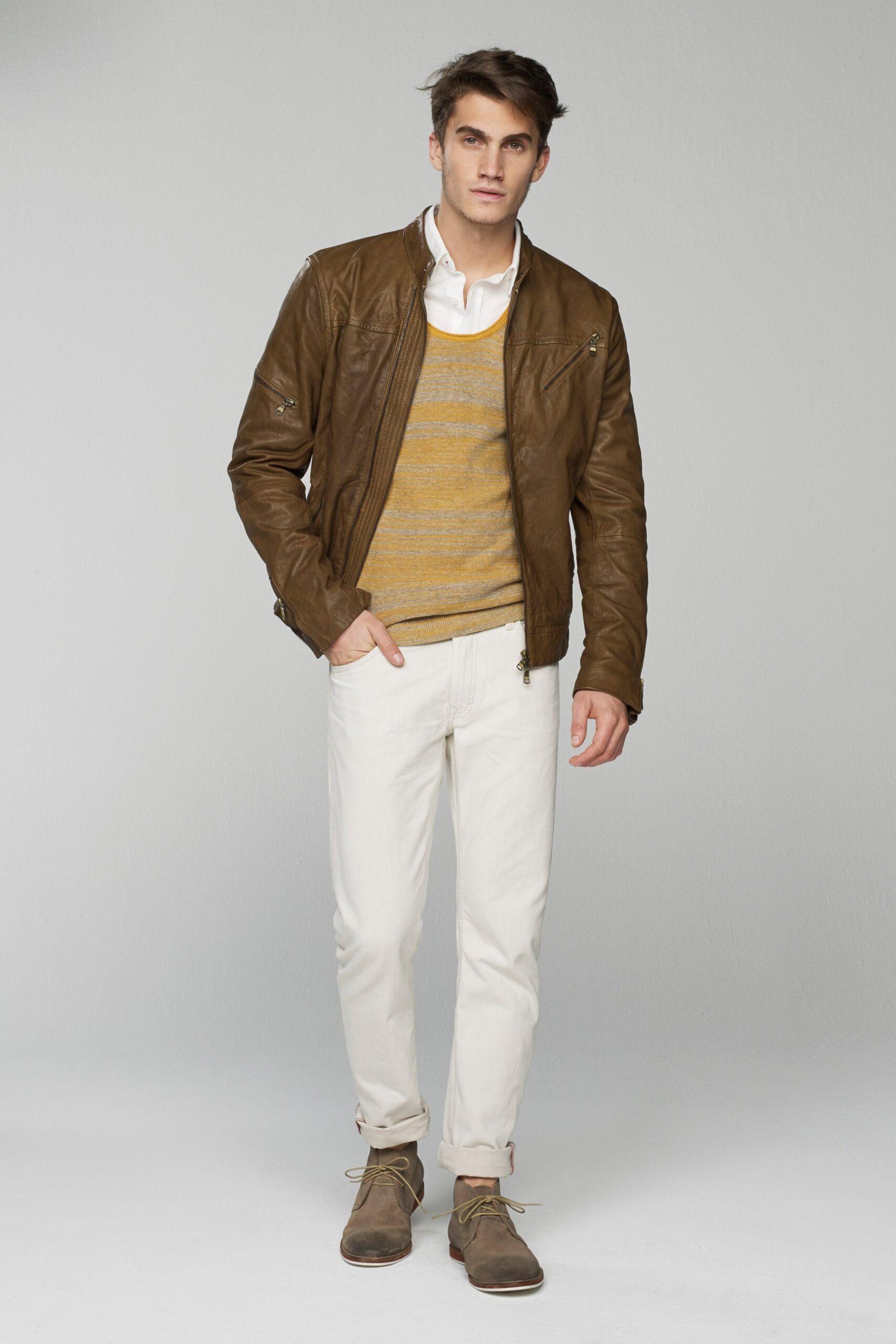 brown leather jacket with sweater