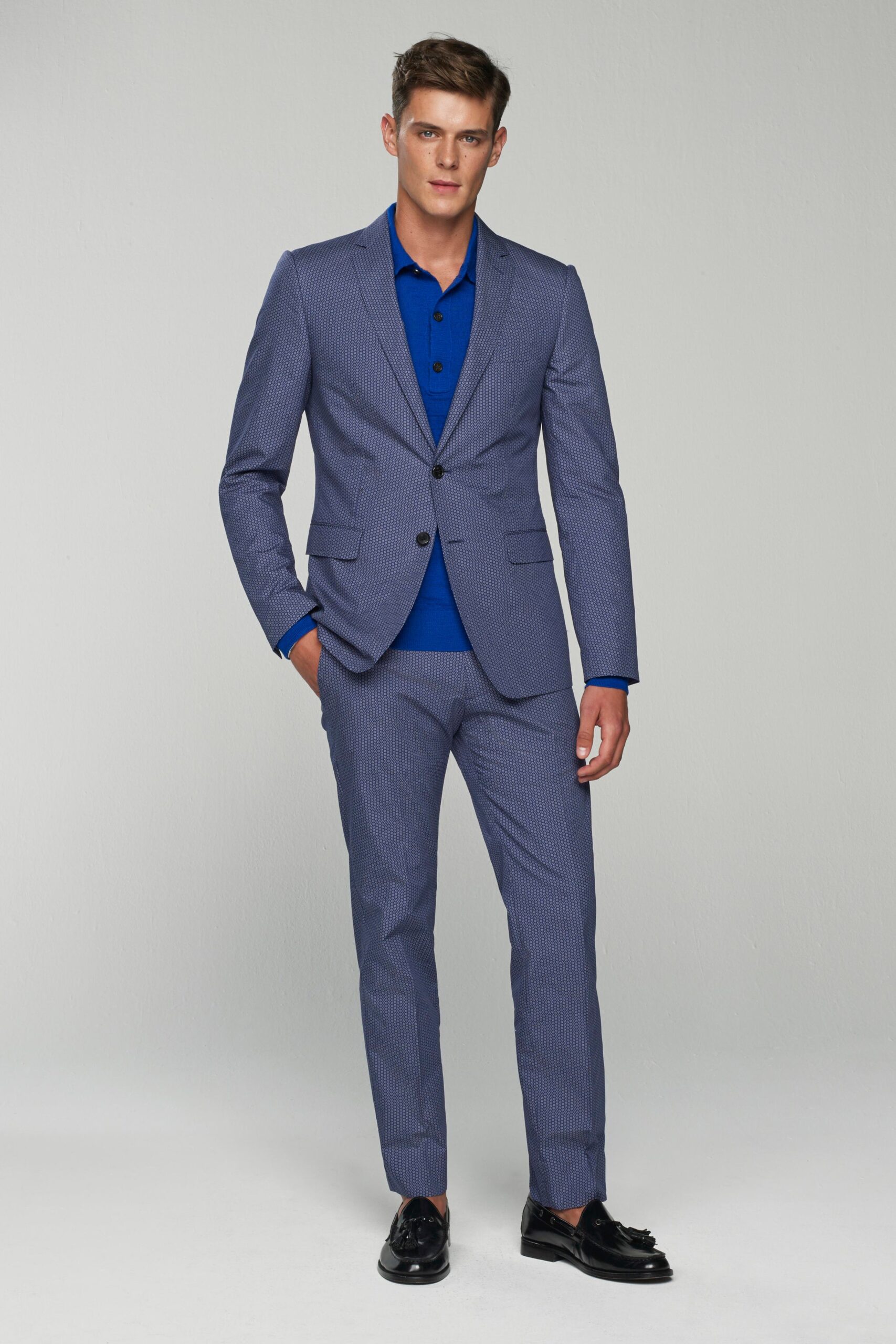 blue striped tailored suit
