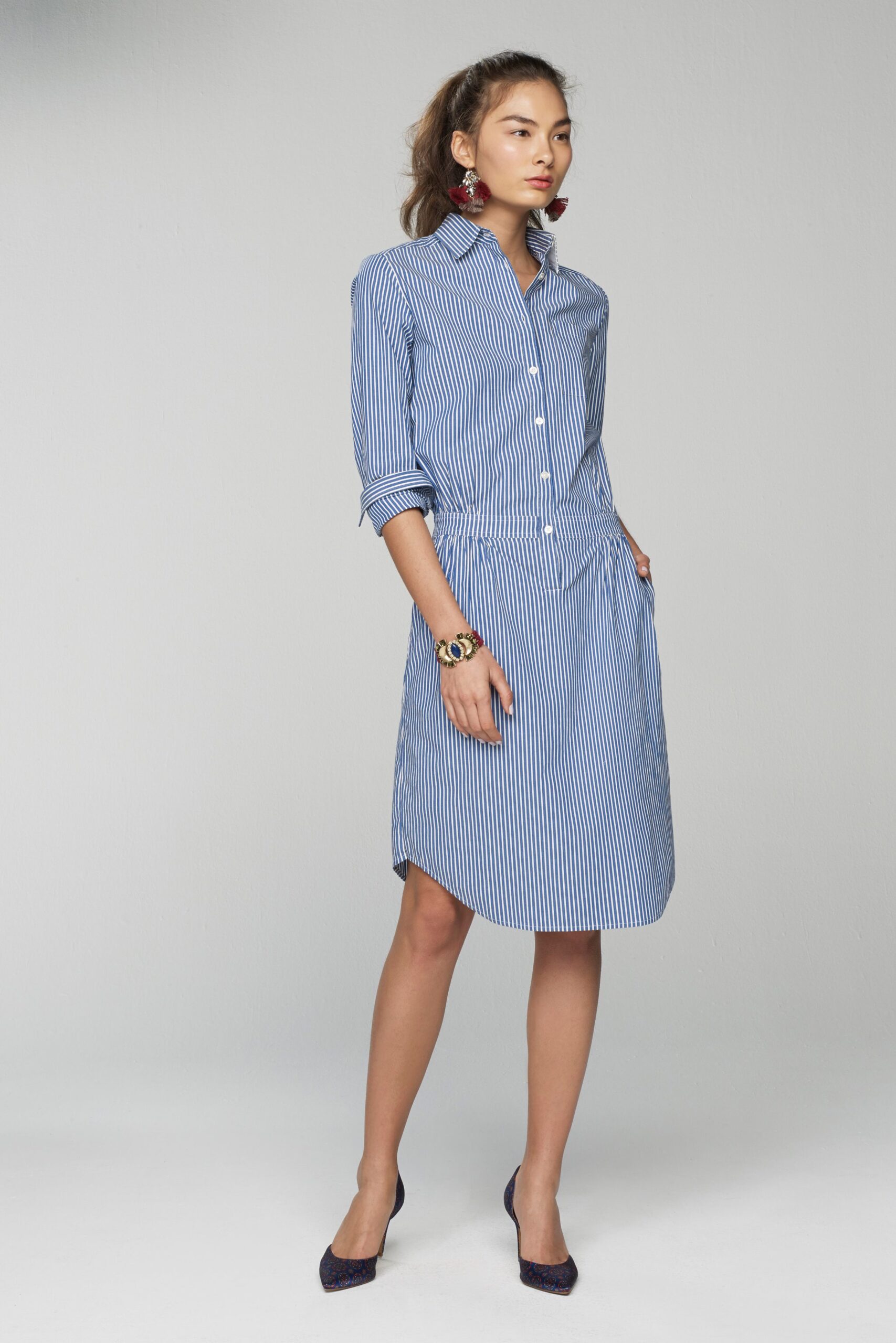 blue and white striped shirt-dress