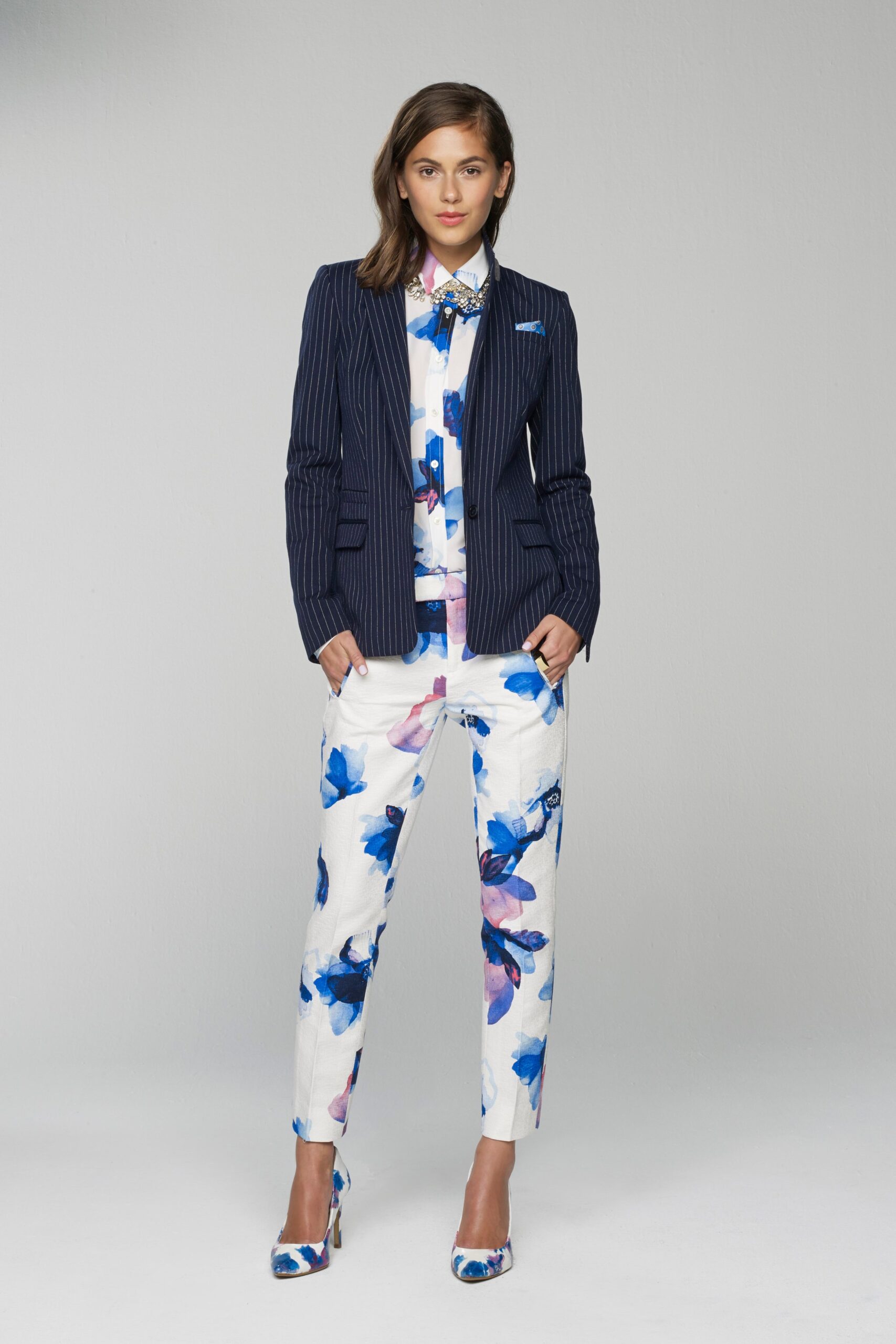 navy striped blazer with floral shirt