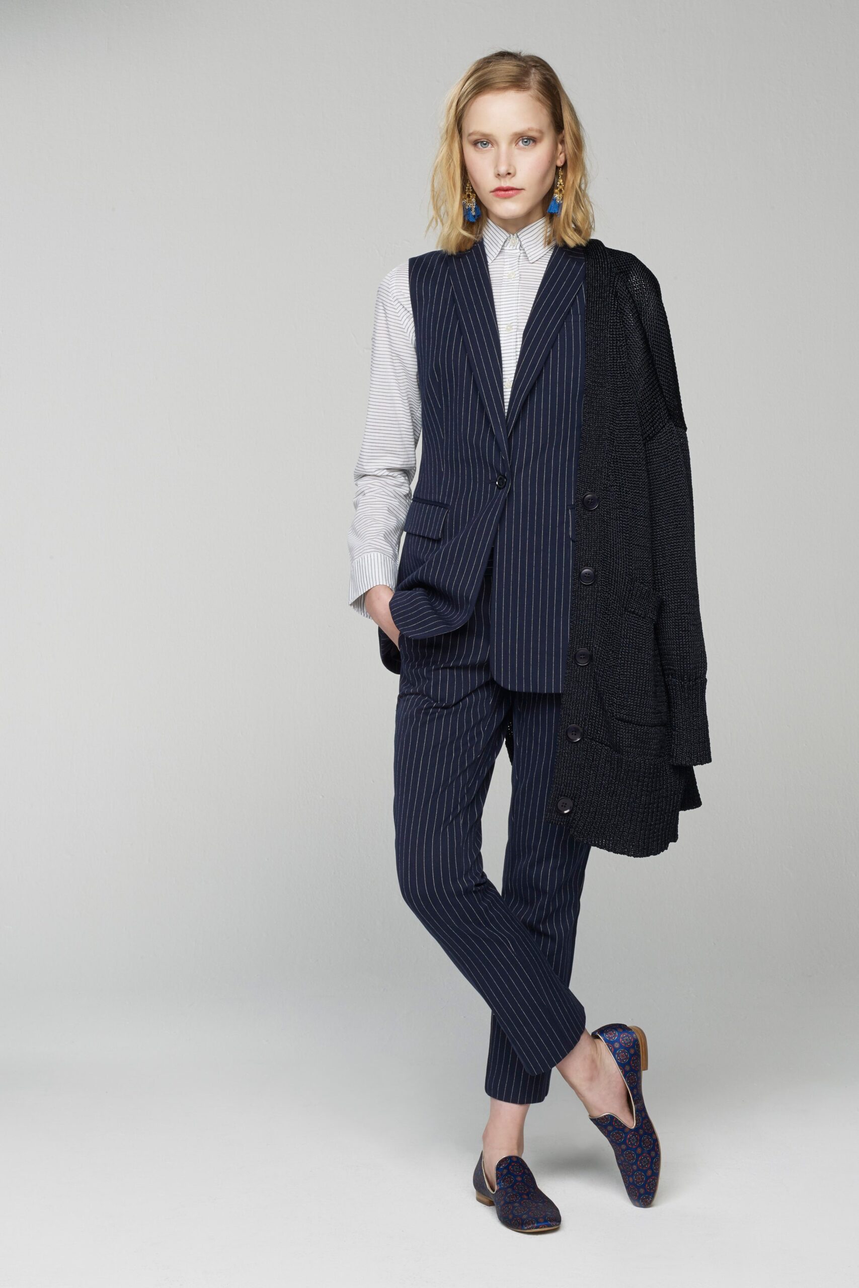 blue and black tailored suit
