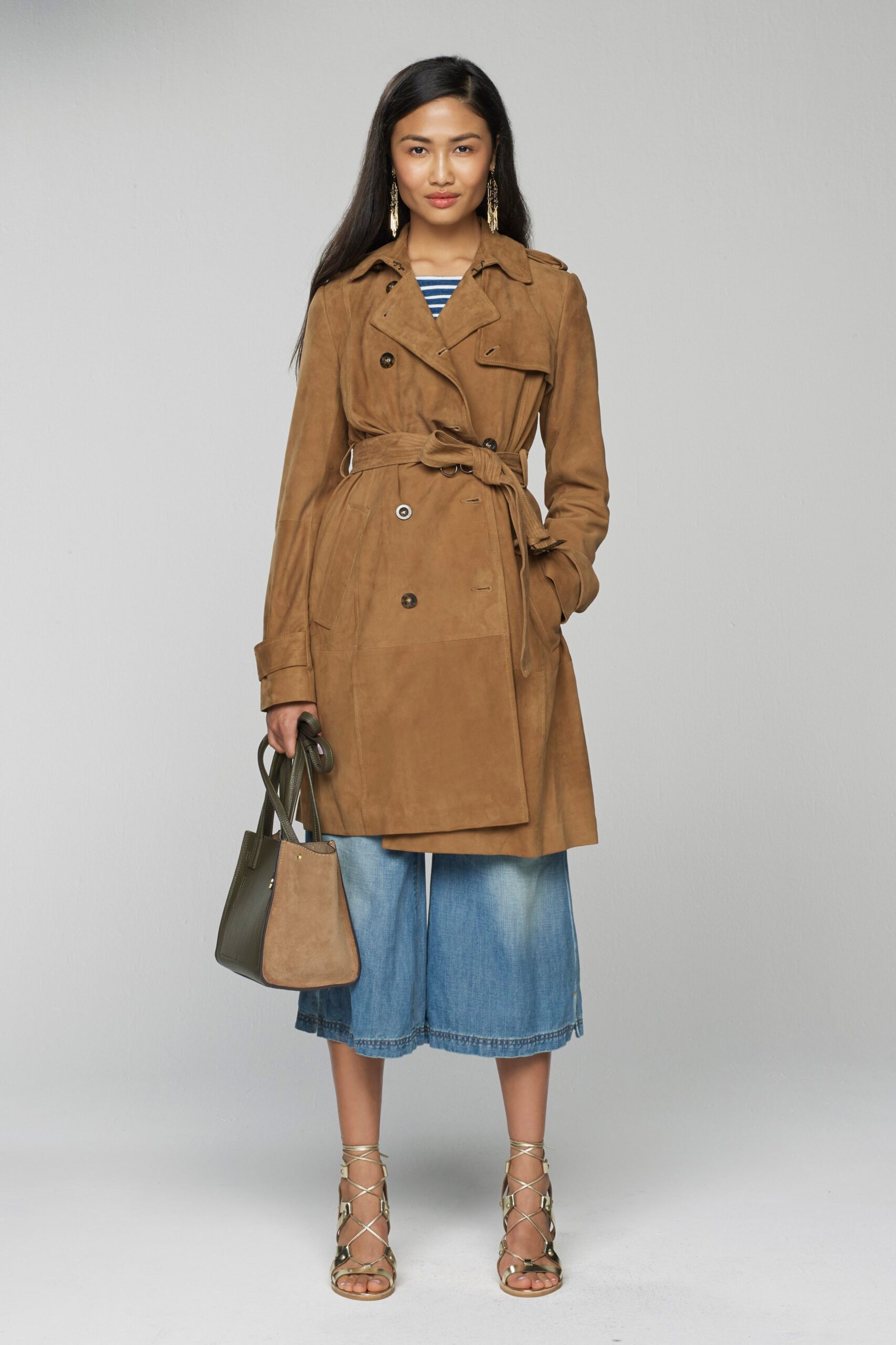 brown suede trench coat with culottes
