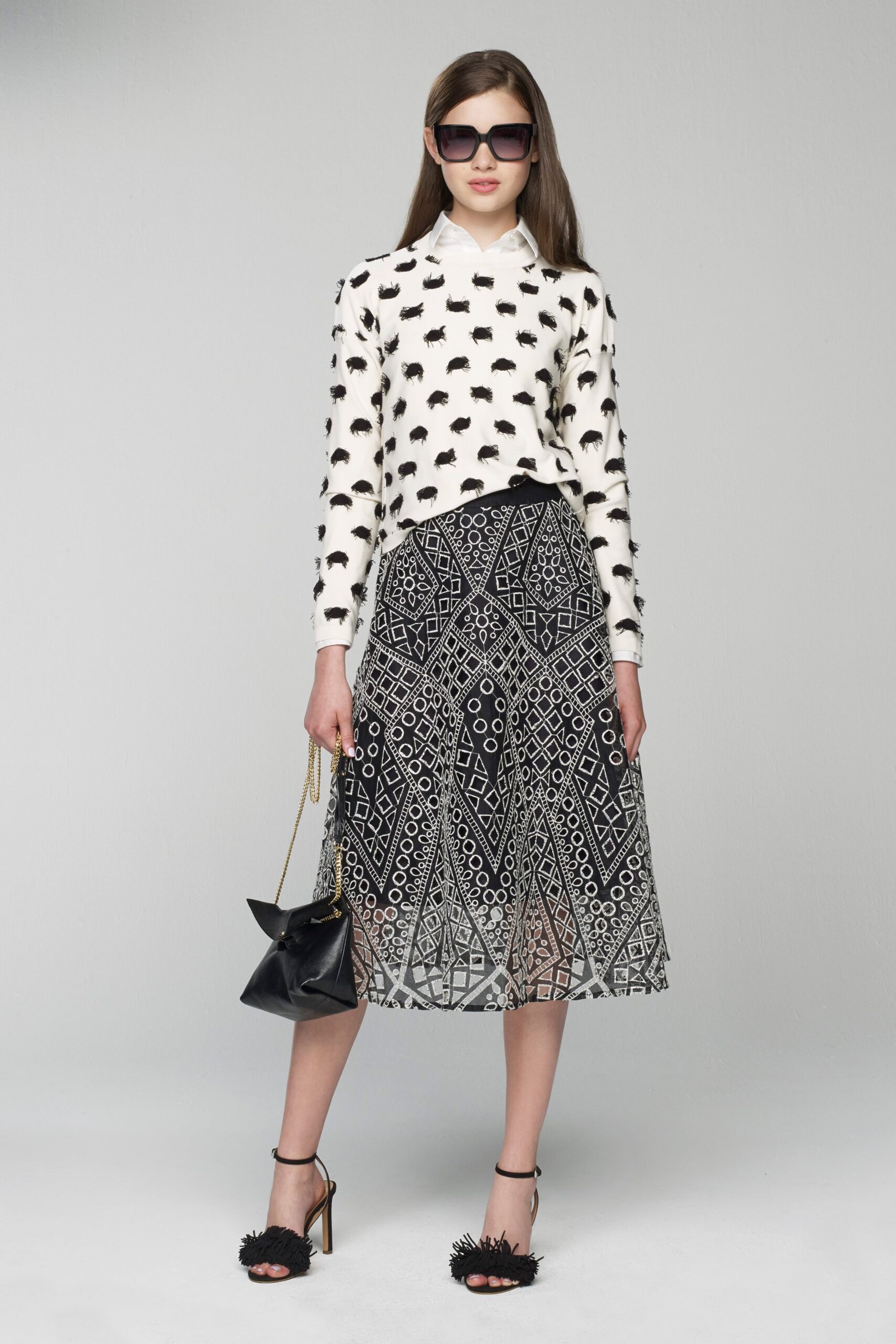 black and white printed top and midi skirt