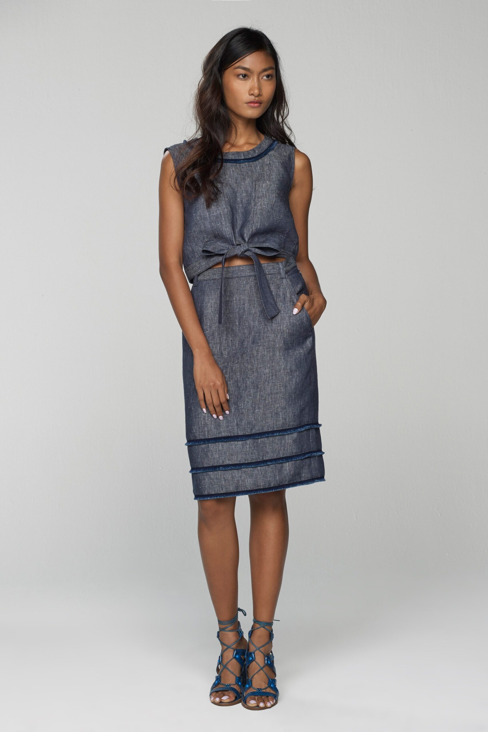 blue denim fitted midi dress